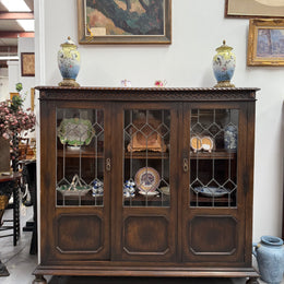 Versatile Three Door Leadlight Jacobean Style Bookcase / Display Cabinet