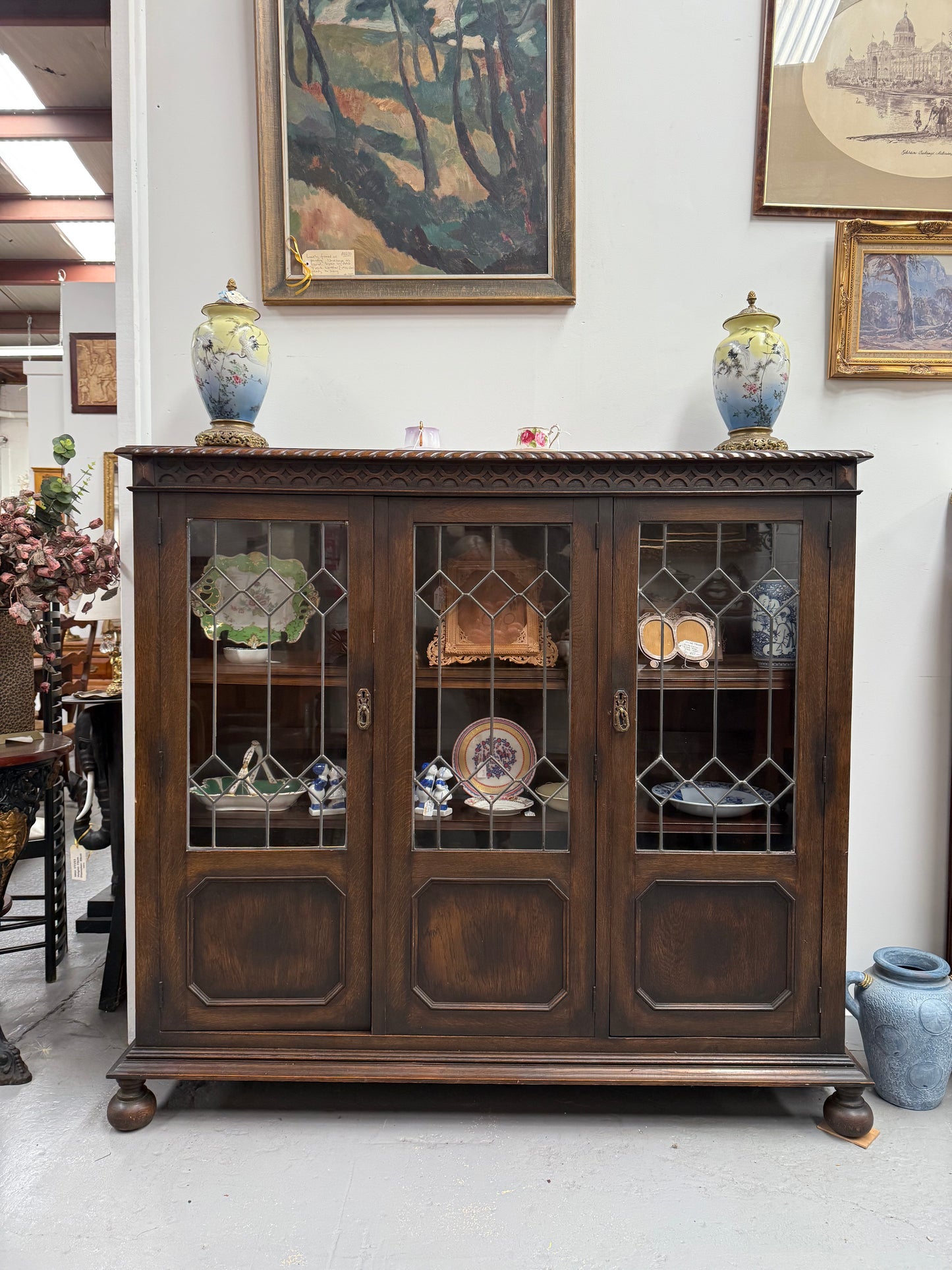 Versatile Three Door Leadlight Jacobean Style Bookcase / Display Cabinet