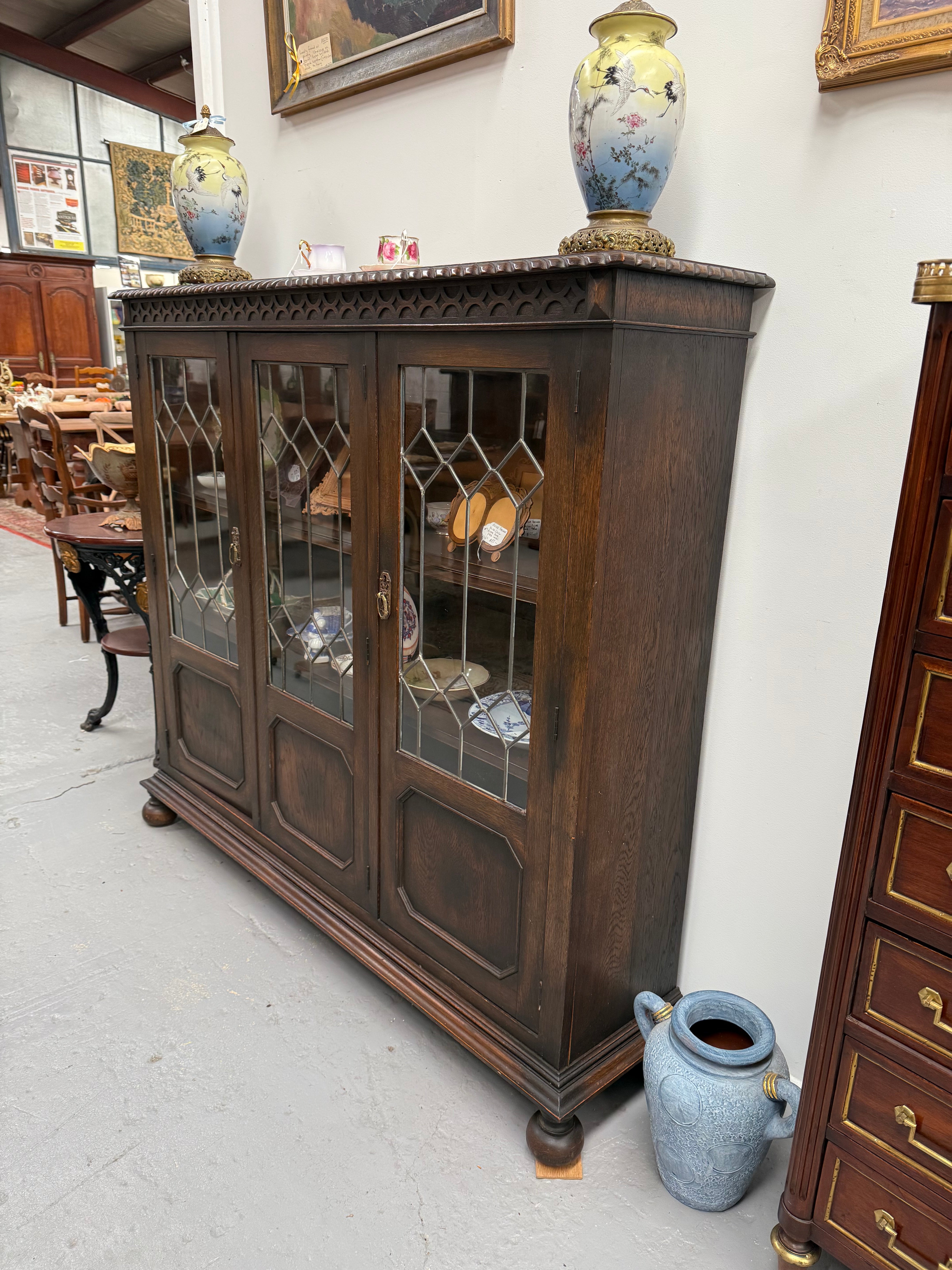 Versatile Three Door Leadlight Jacobean Style Bookcase / Display Cabinet | Antique & Vintage | Moonee Ponds Antiques | Australia Wide Delivery