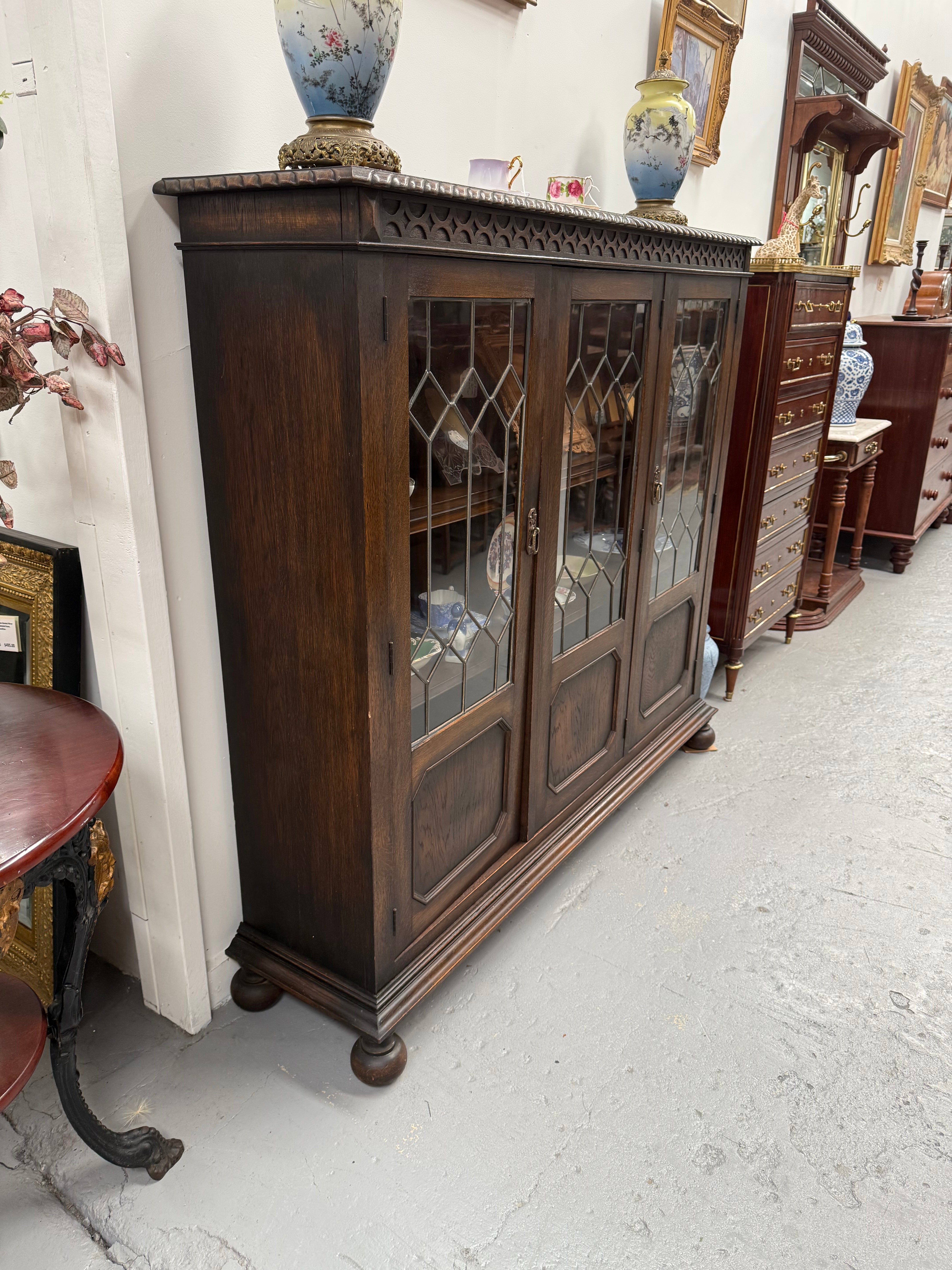 Versatile Three Door Leadlight Jacobean Style Bookcase / Display Cabinet | Antique & Vintage | Moonee Ponds Antiques | Australia Wide Delivery