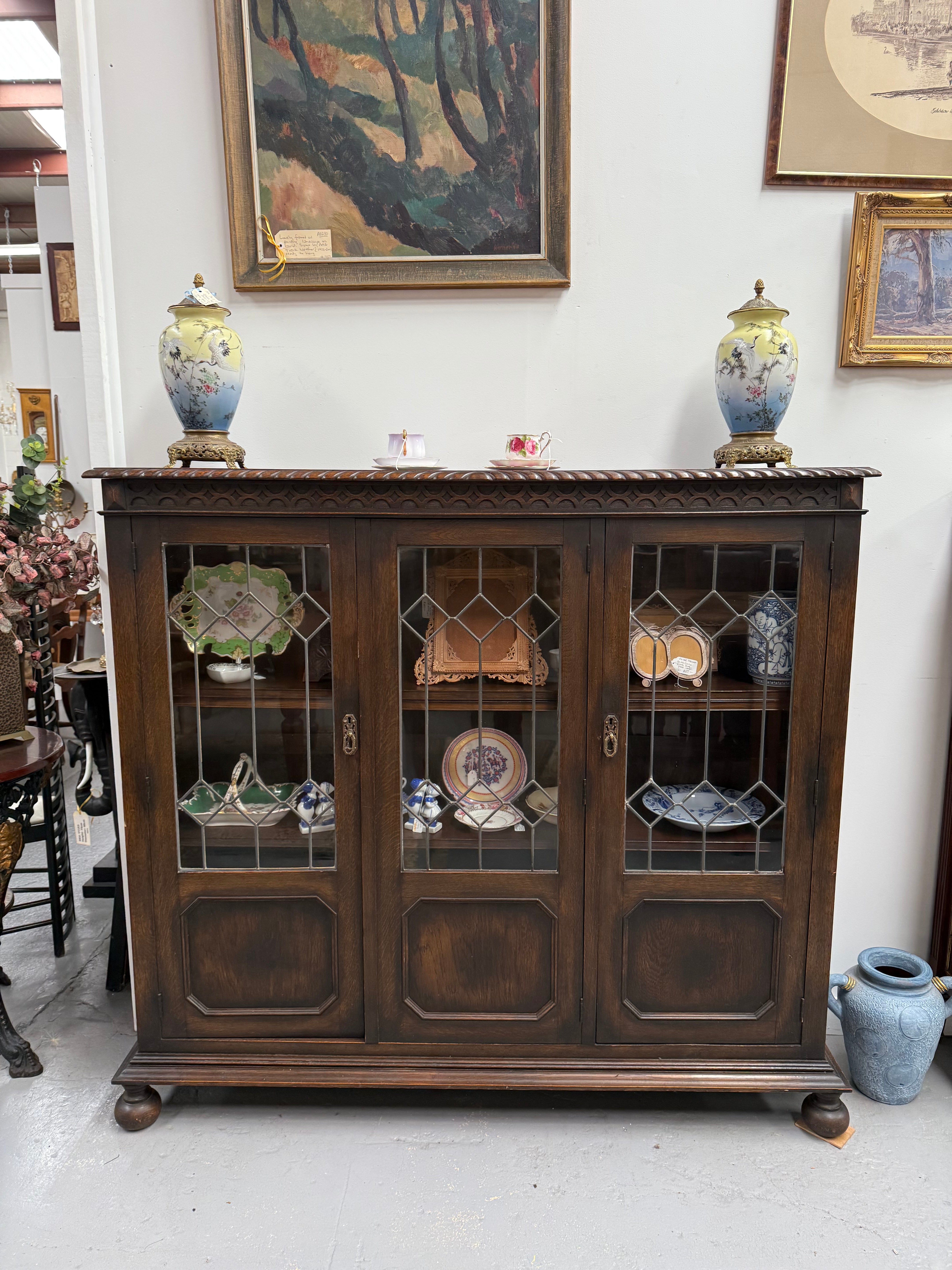 Versatile Three Door Leadlight Jacobean Style Bookcase / Display Cabinet | Antique & Vintage | Moonee Ponds Antiques | Australia Wide Delivery