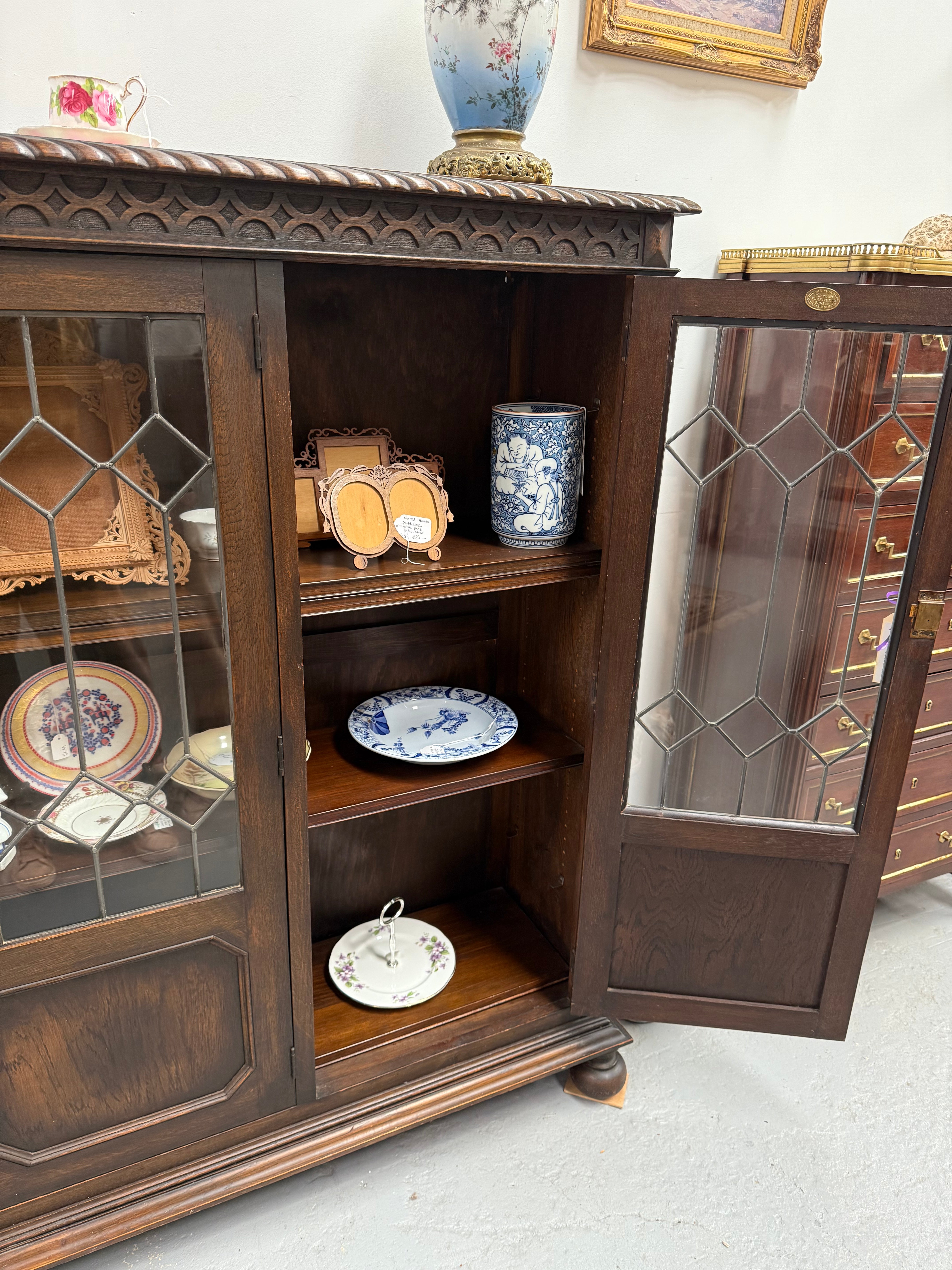 Versatile Three Door Leadlight Jacobean Style Bookcase / Display Cabinet | Antique & Vintage | Moonee Ponds Antiques | Australia Wide Delivery