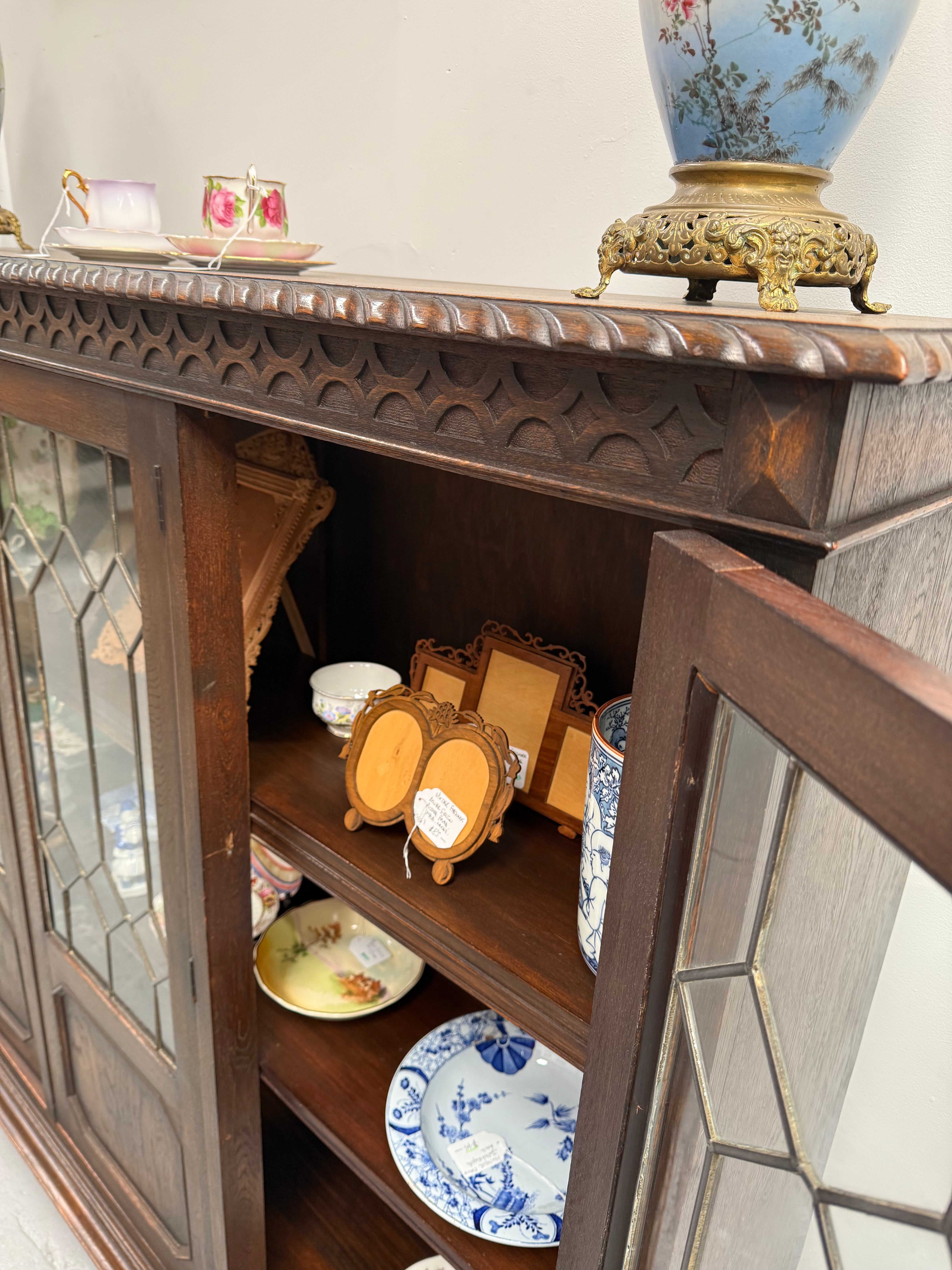 Versatile Three Door Leadlight Jacobean Style Bookcase / Display Cabinet | Antique & Vintage | Moonee Ponds Antiques | Australia Wide Delivery