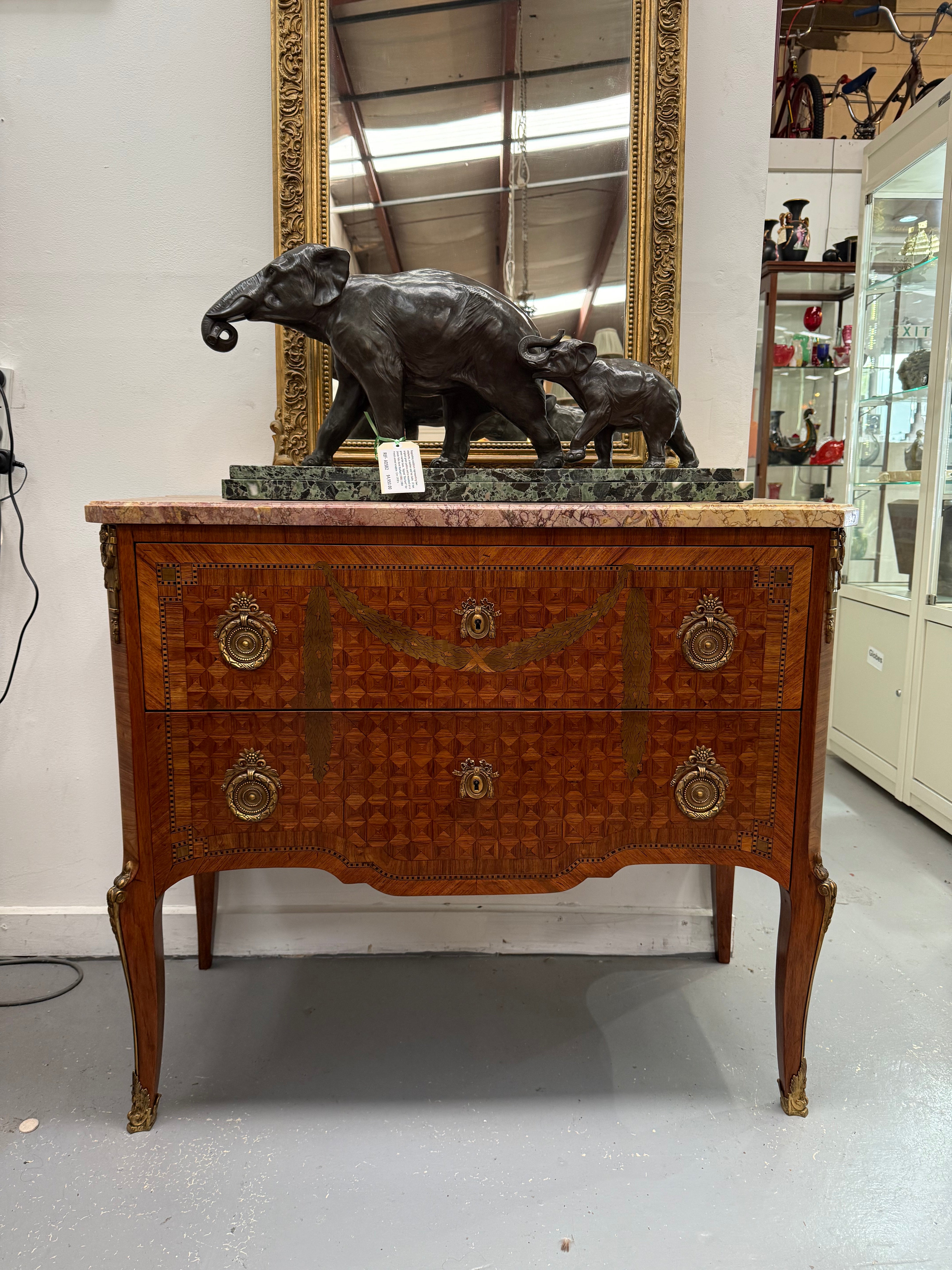 Unusual Transitional Marquetry Two Drawer Commode Cube Inlay, Swags & Stringing | Antique & Vintage | Moonee Ponds Antiques | Australia Wide Delivery