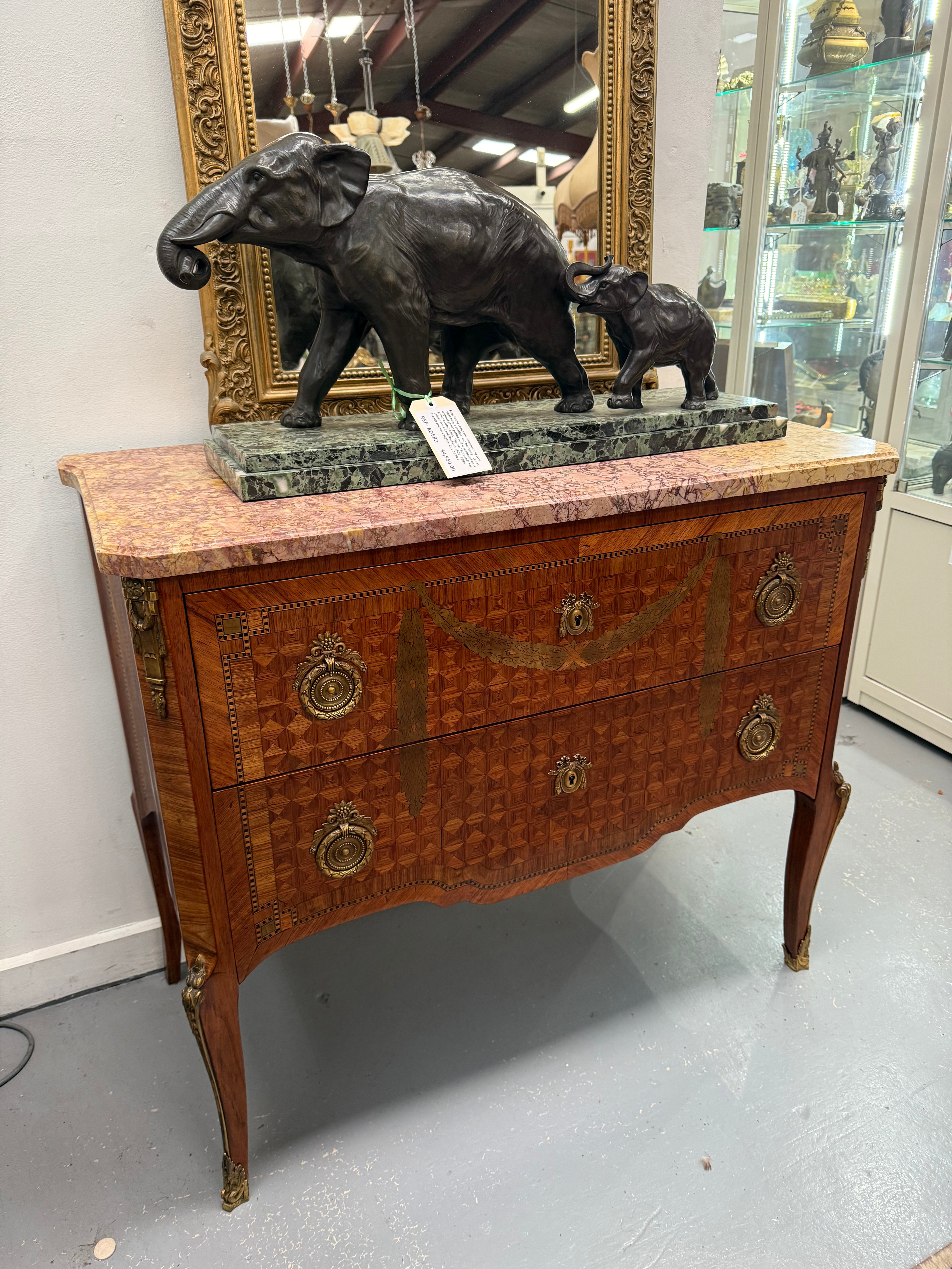 Unusual Transitional Marquetry Two Drawer Commode Cube Inlay, Swags & Stringing | Antique & Vintage | Moonee Ponds Antiques | Australia Wide Delivery