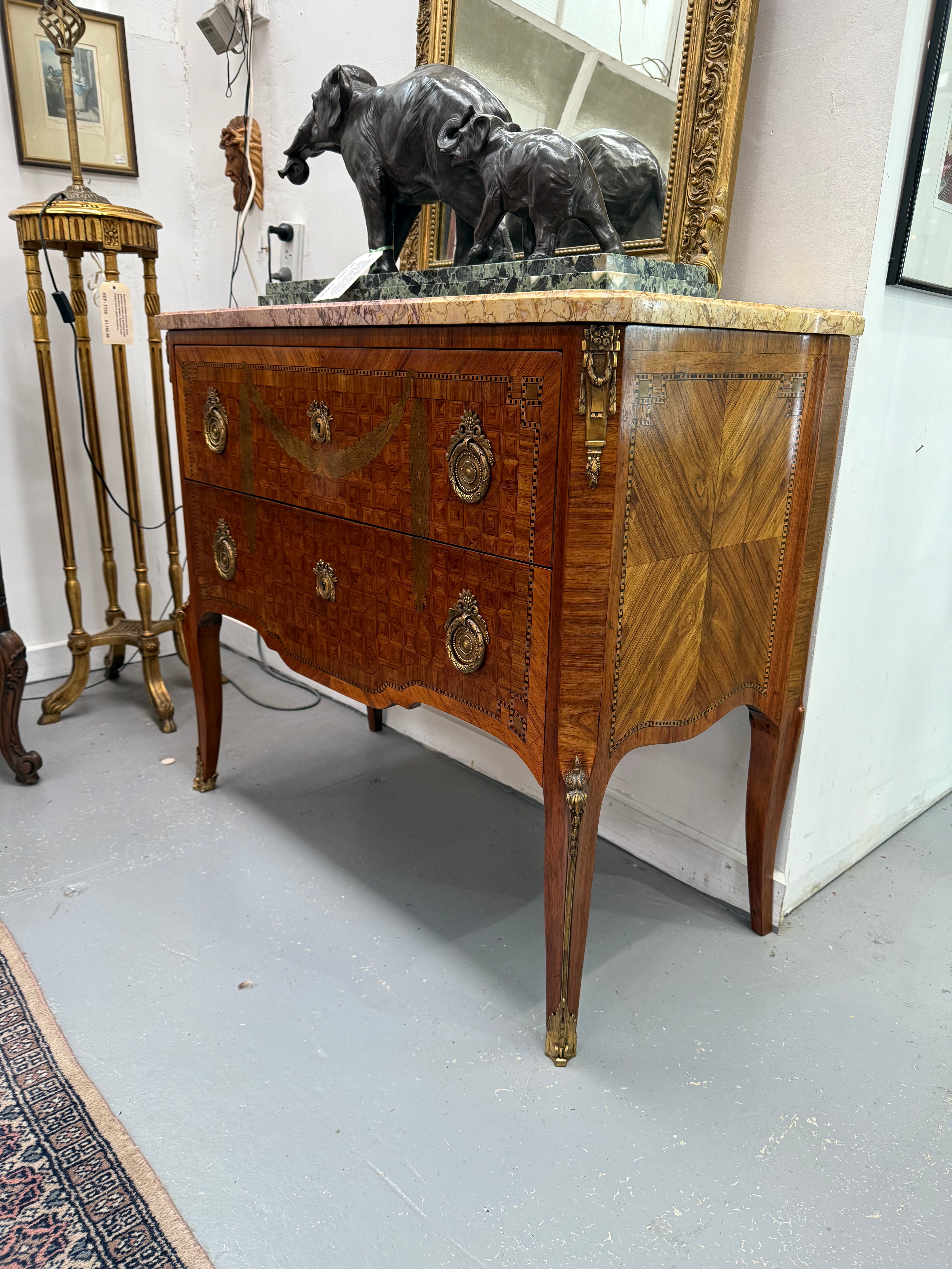 Unusual Transitional Marquetry Two Drawer Commode Cube Inlay, Swags & Stringing | Antique & Vintage | Moonee Ponds Antiques | Australia Wide Delivery