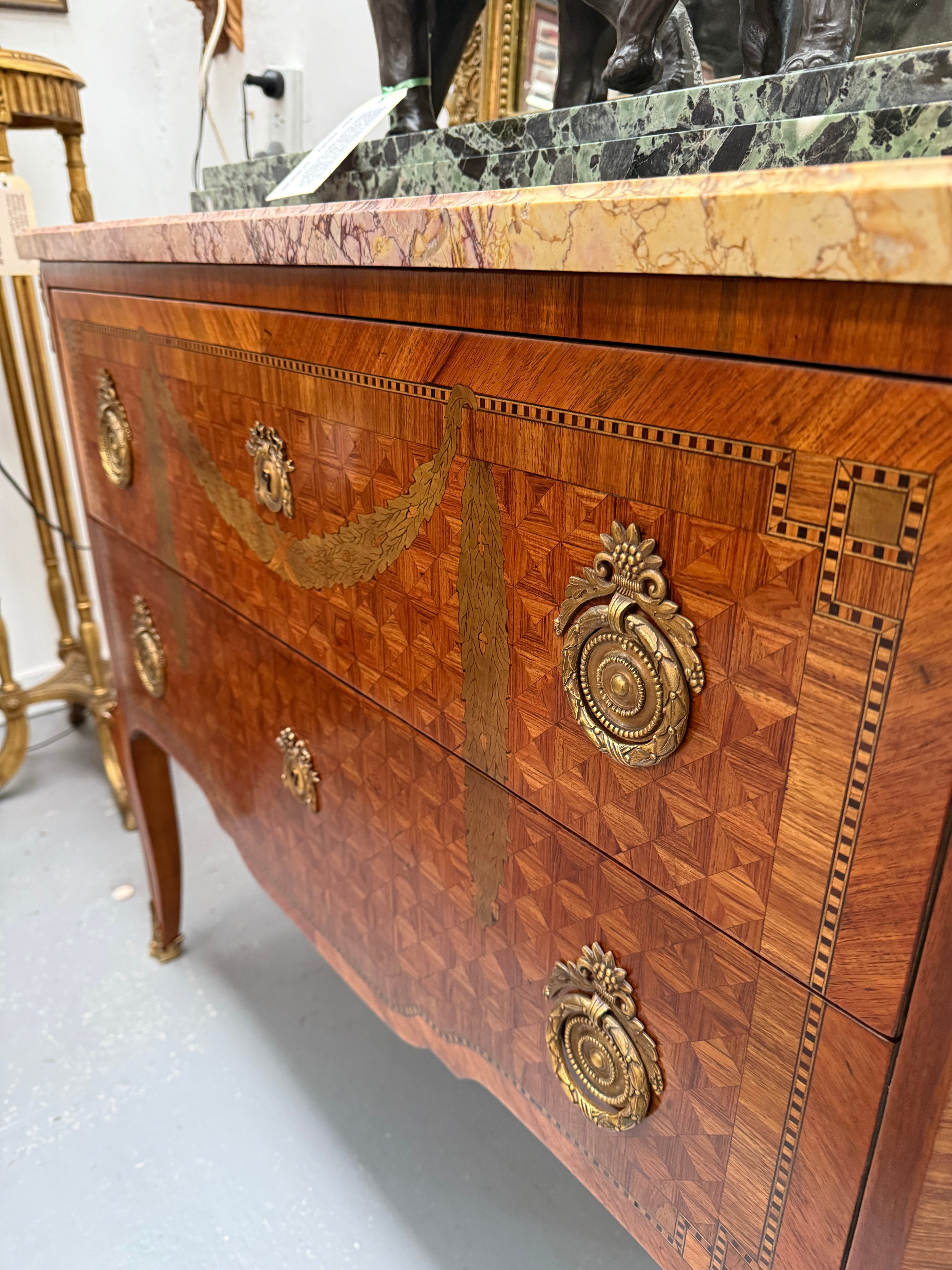 Unusual Transitional Marquetry Two Drawer Commode Cube Inlay, Swags & Stringing | Antique & Vintage | Moonee Ponds Antiques | Australia Wide Delivery