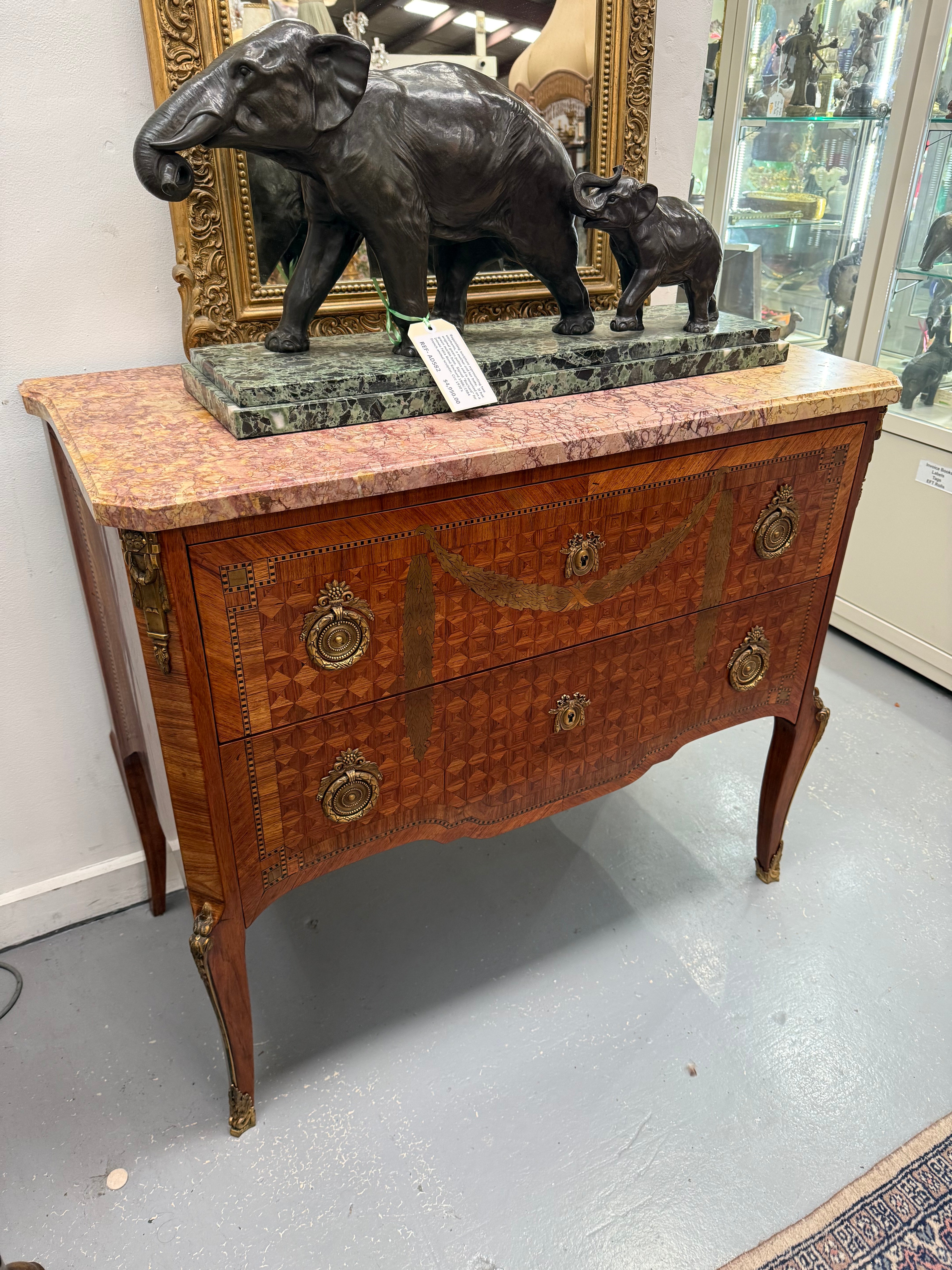 Unusual Transitional Marquetry Two Drawer Commode Cube Inlay, Swags & Stringing | Antique & Vintage | Moonee Ponds Antiques | Australia Wide Delivery
