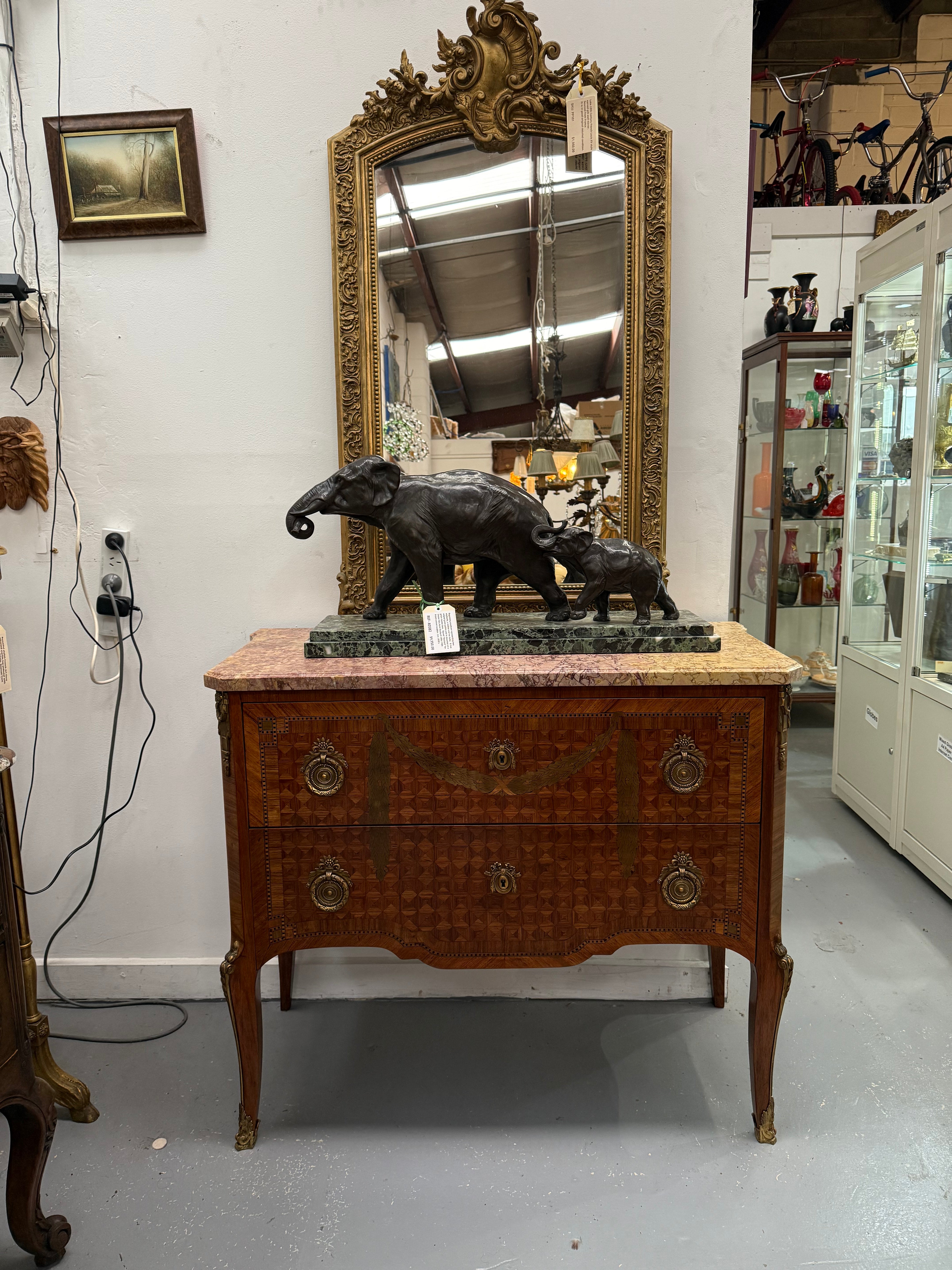 Unusual Transitional Marquetry Two Drawer Commode Cube Inlay, Swags & Stringing | Antique & Vintage | Moonee Ponds Antiques | Australia Wide Delivery