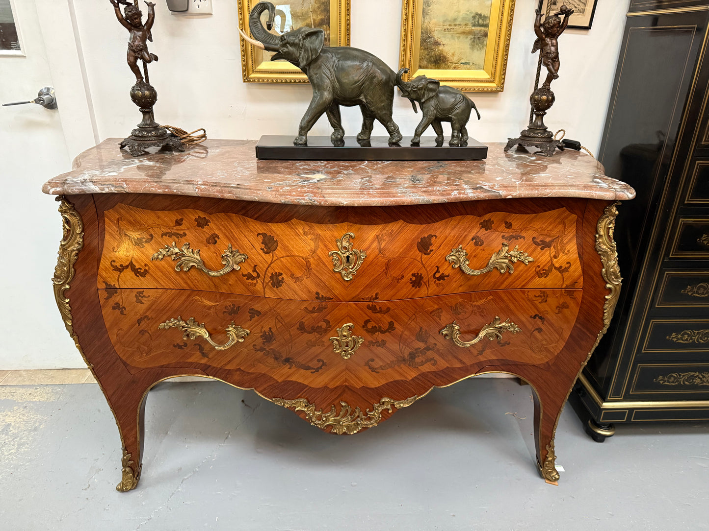 Louis XV Style Marquetry Inlaid Large Marble Topped Commode