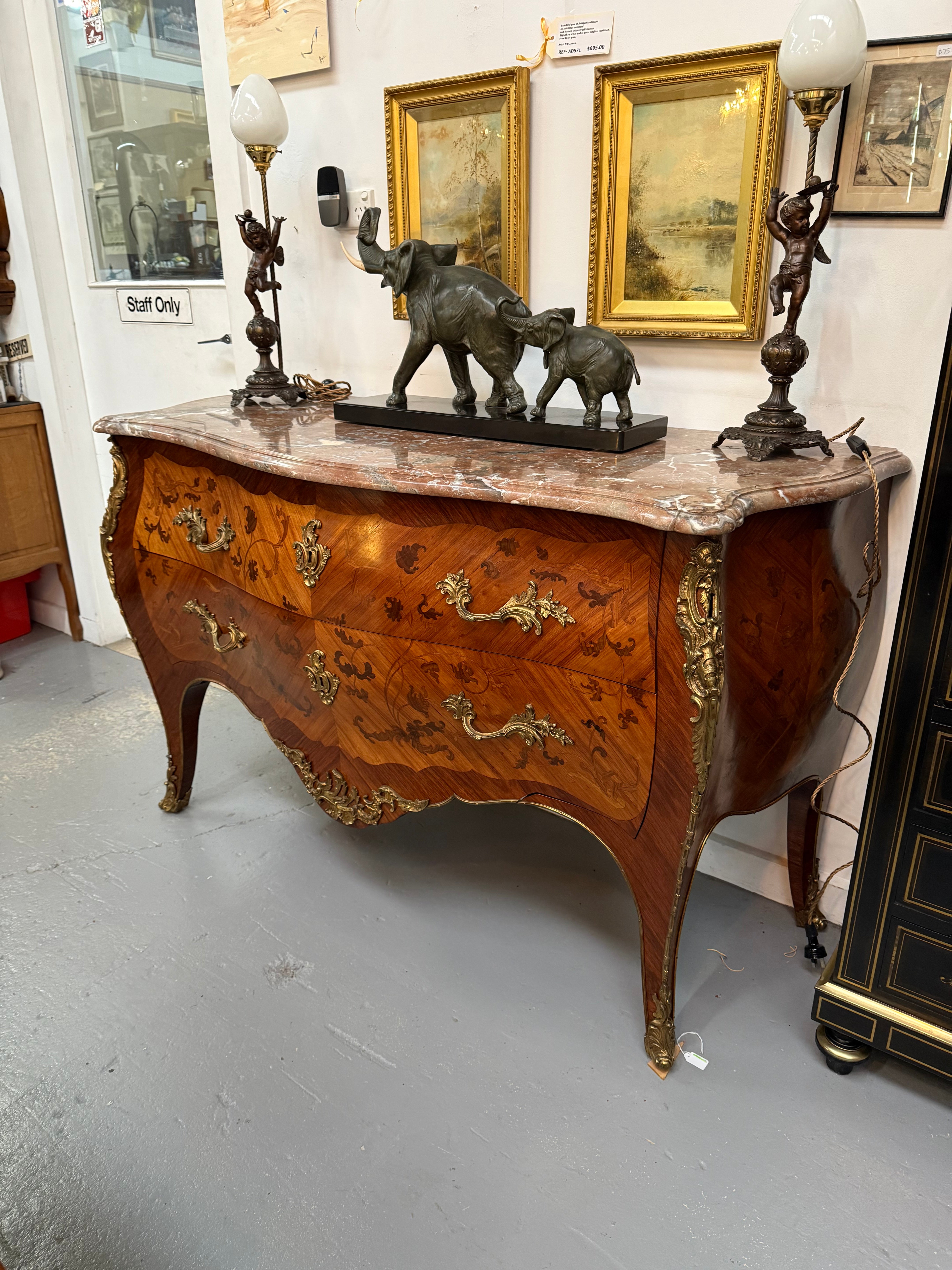 Louis XV Style Marquetry Inlaid Large Marble Topped Commode | Antique & Vintage | Moonee Ponds Antiques | Australia Wide