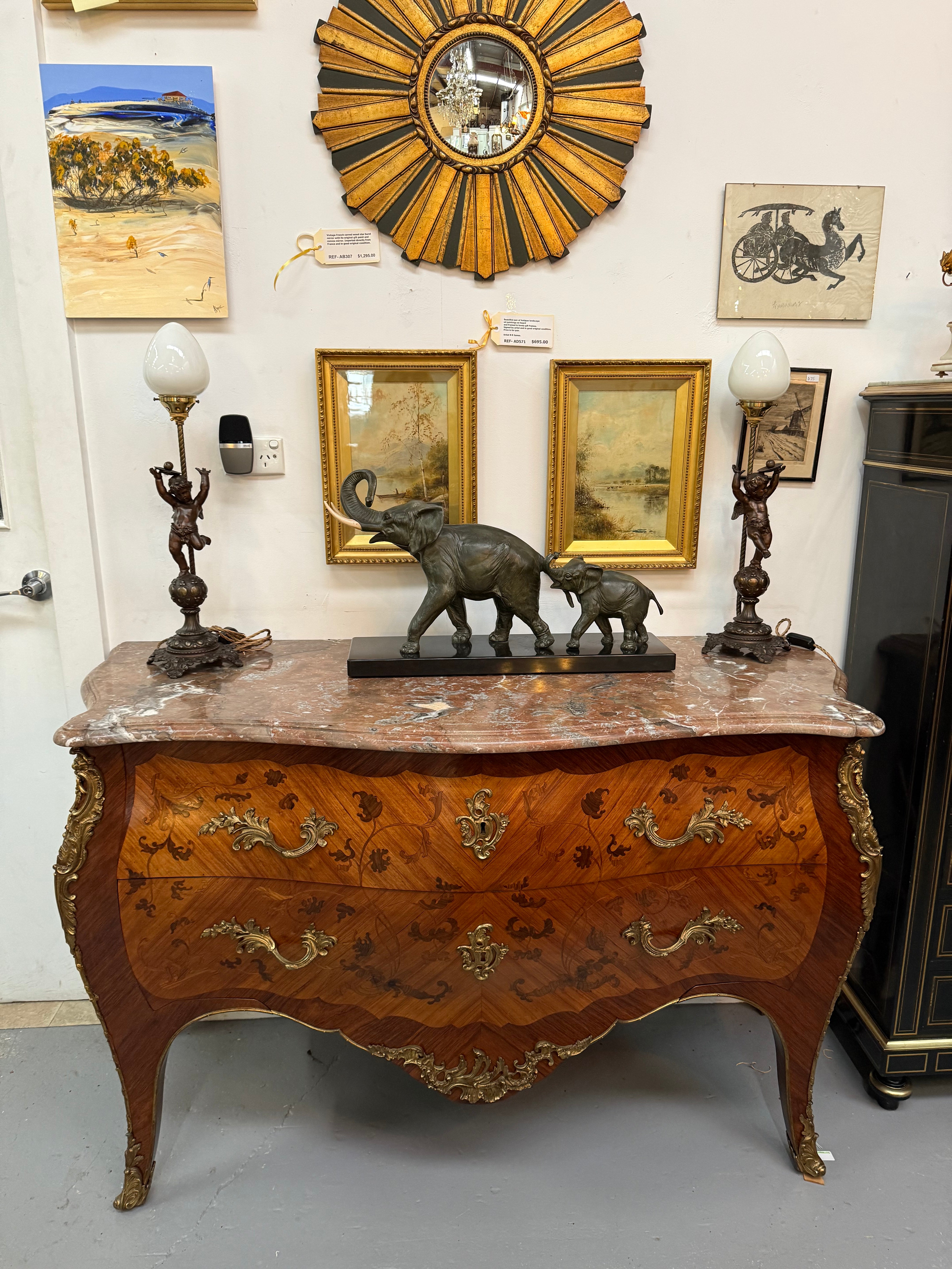 Louis XV Style Marquetry Inlaid Large Marble Topped Commode