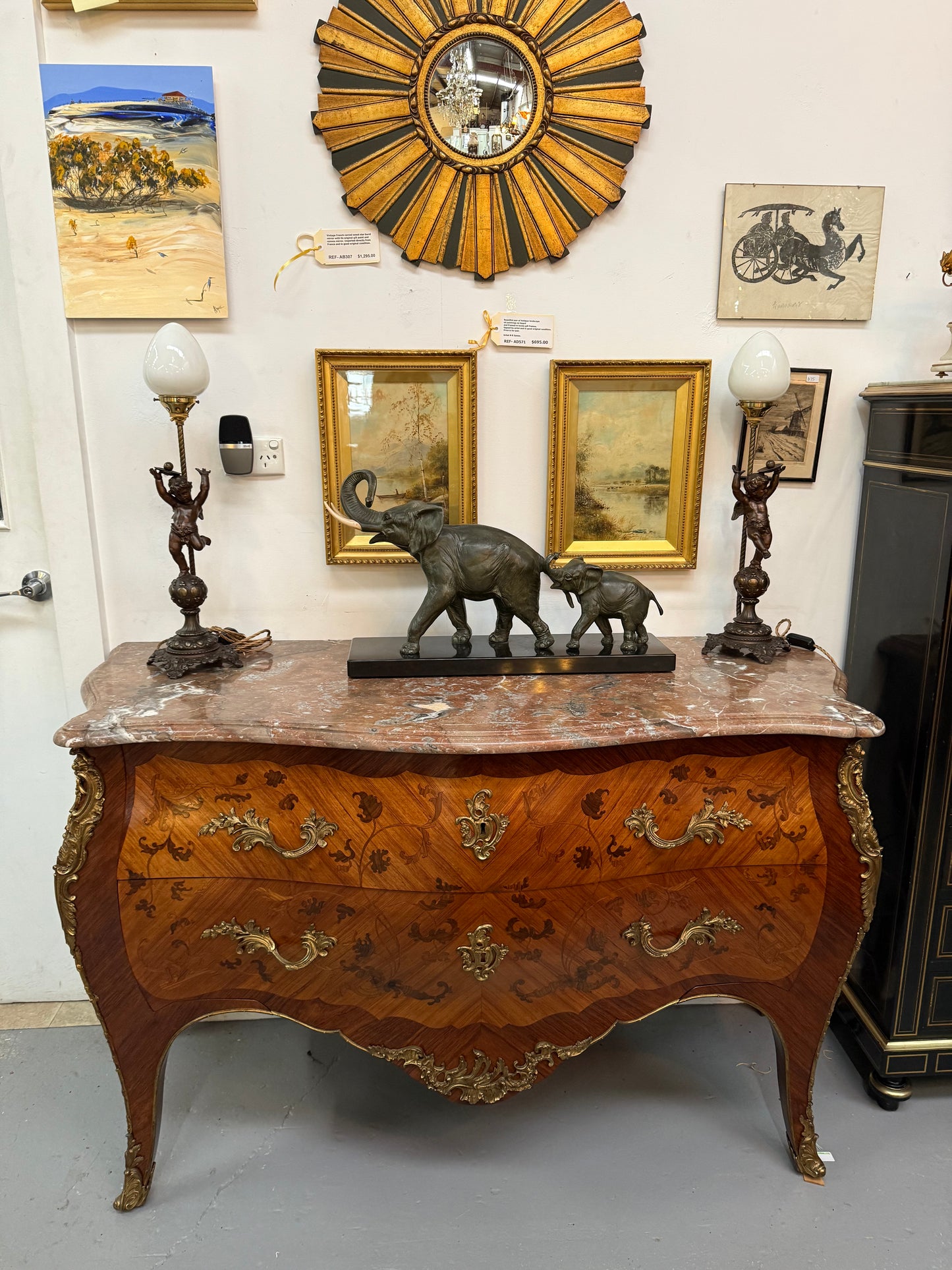 Louis XV Style Marquetry Inlaid Large Marble Topped Commode