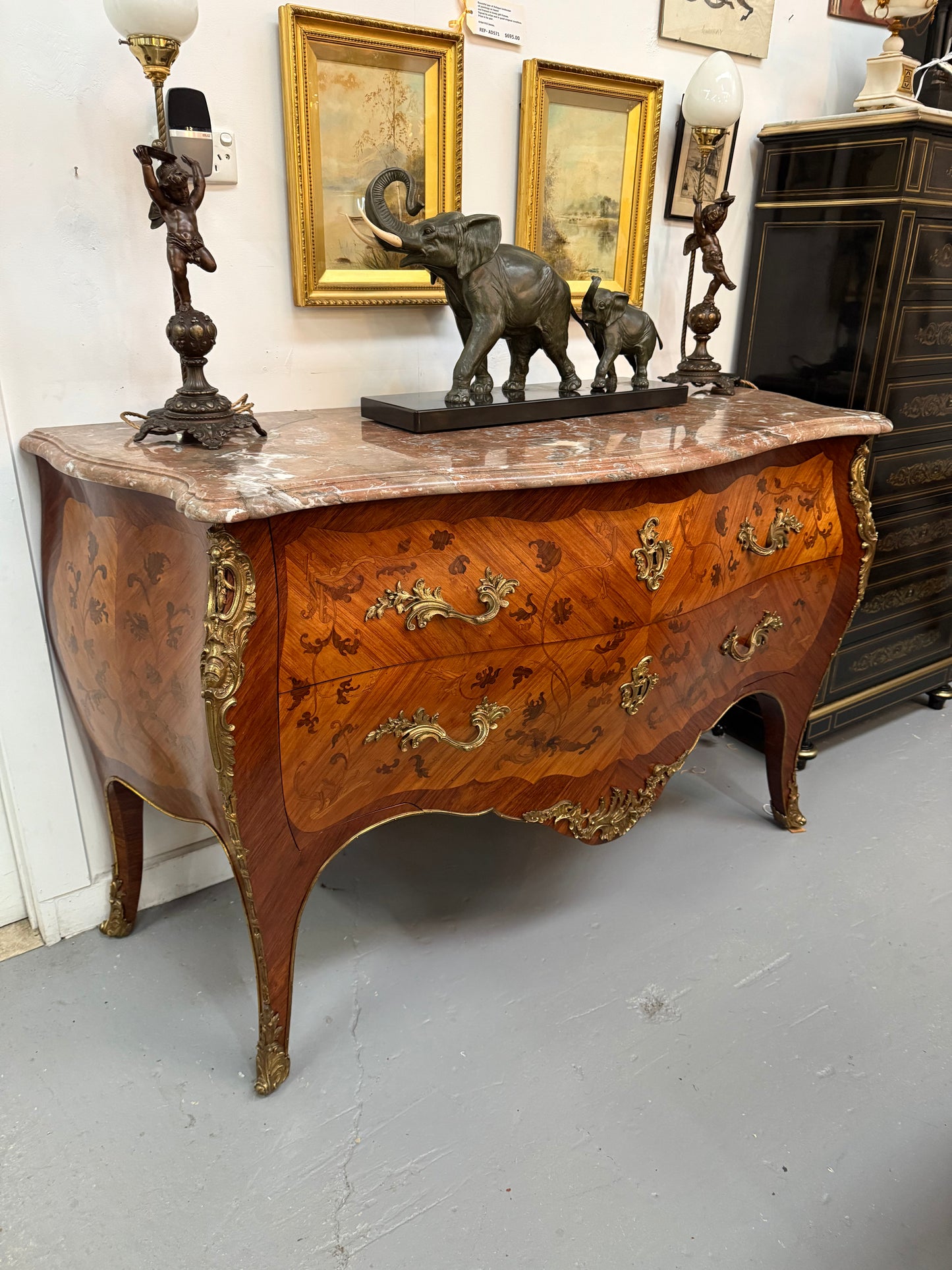 Louis XV Style Marquetry Inlaid Large Marble Topped Commode