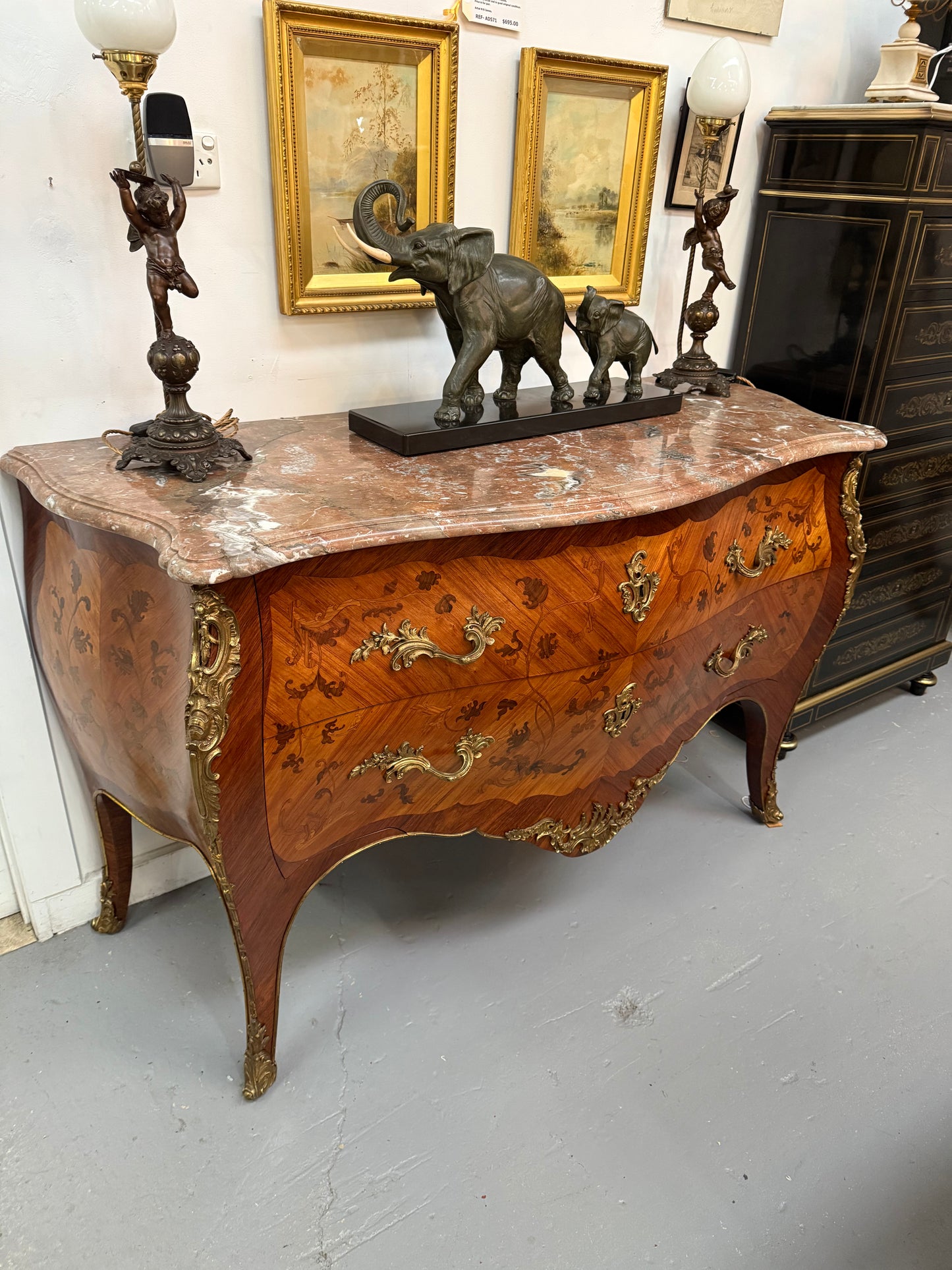 Louis XV Style Marquetry Inlaid Large Marble Topped Commode