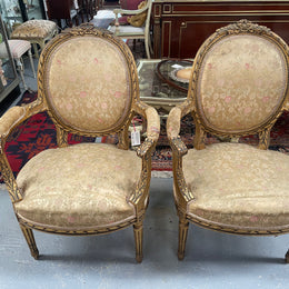 Pair Louis XVIth Gilt Carved & Upholstered Fauteuil Armchairs