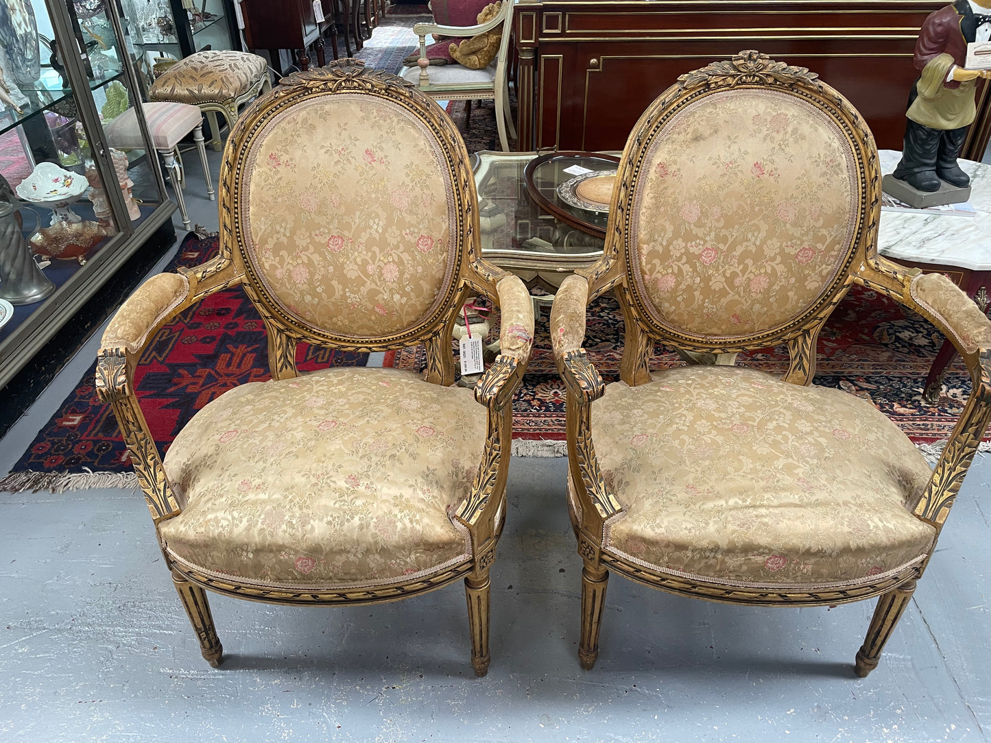 Pair Louis XVIth Gilt Carved & Upholstered Fauteuil Armchairs