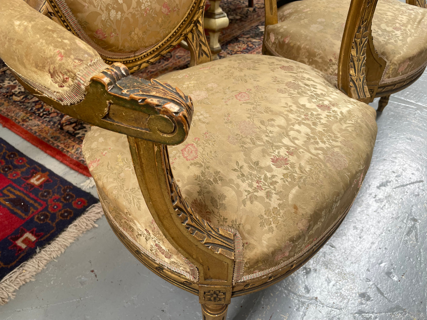 Pair Louis XVIth Gilt Carved & Upholstered Fauteuil Armchairs