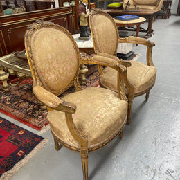 Pair Louis XVIth Gilt Carved & Upholstered Fauteuil Armchairs