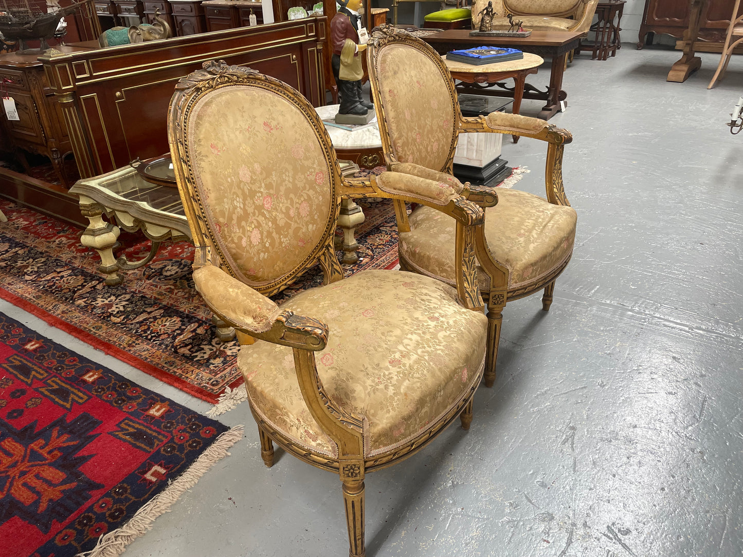 Pair Louis XVIth Gilt Carved & Upholstered Fauteuil Armchairs