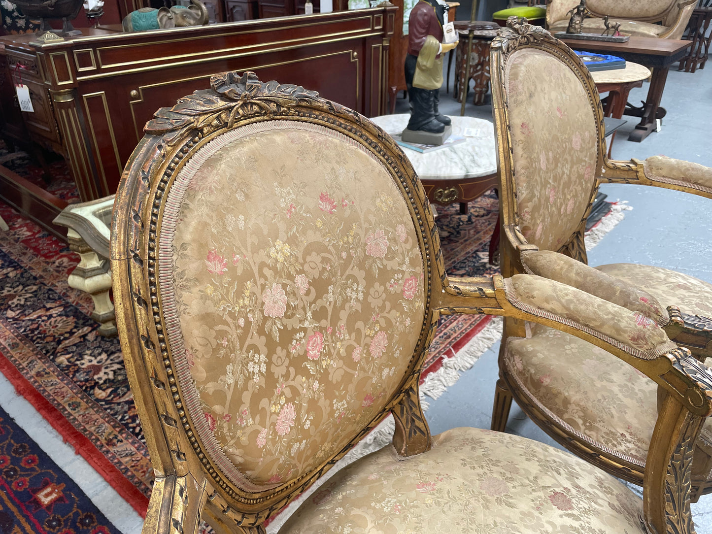 Pair Louis XVIth Gilt Carved & Upholstered Fauteuil Armchairs