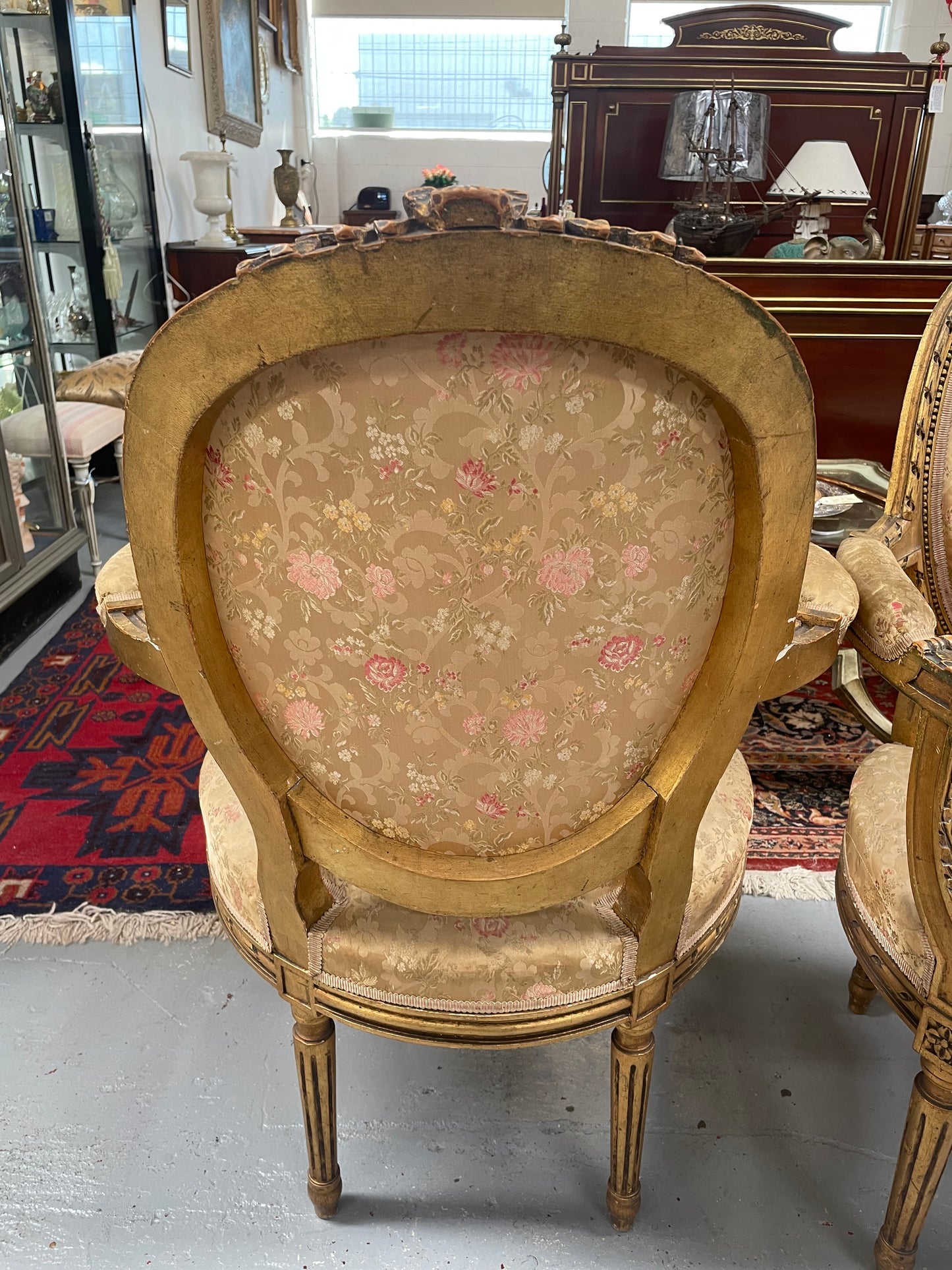 Pair Louis XVIth Gilt Carved & Upholstered Fauteuil Armchairs