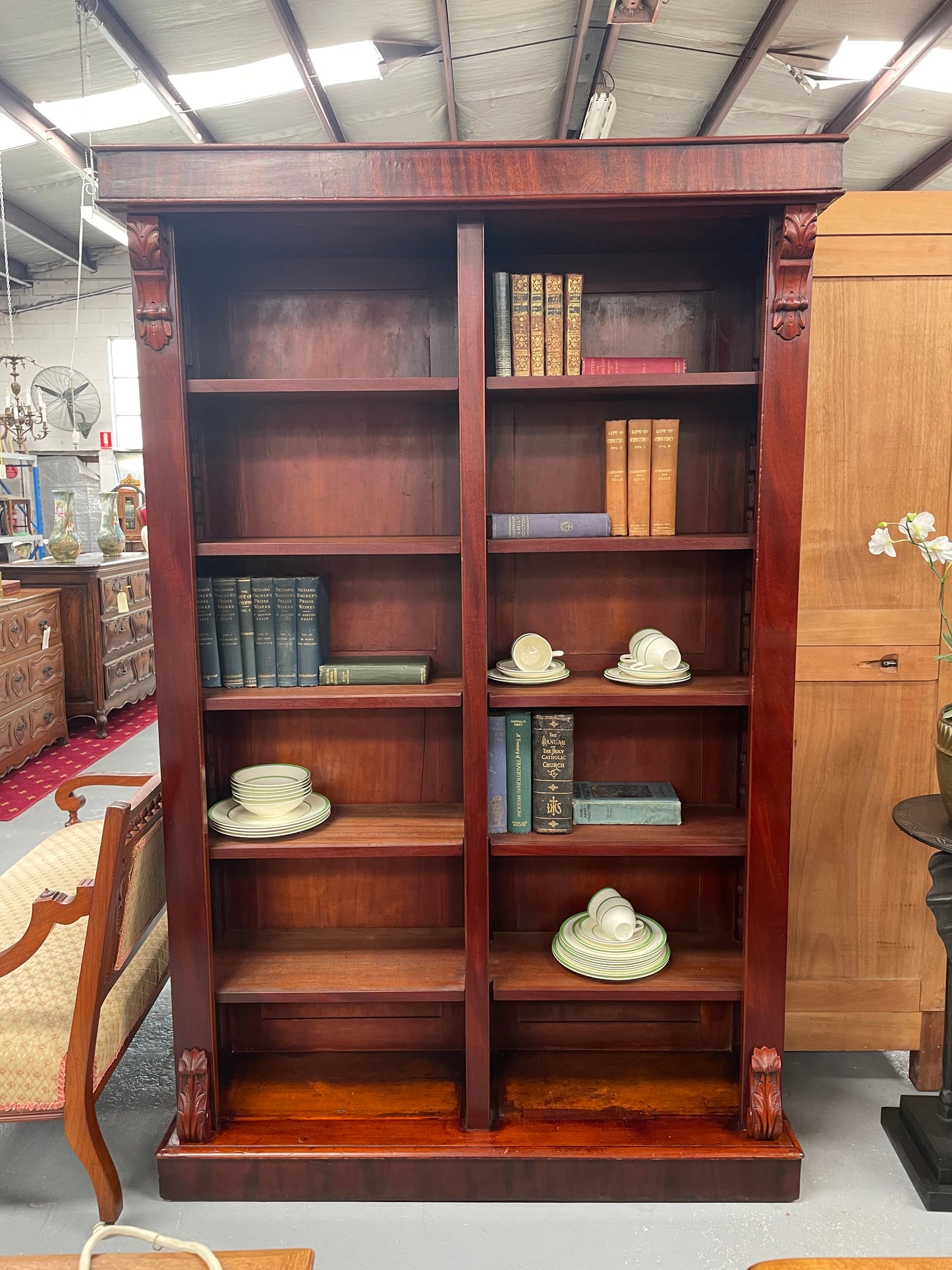 Restored Mahogany Victorian Split Double Open Front Bookcase.