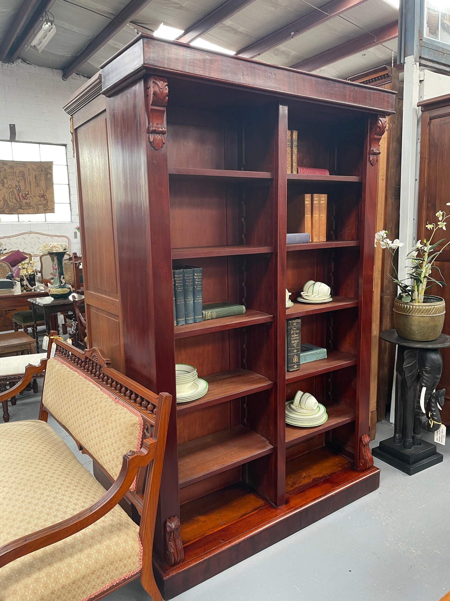 Restored Mahogany Victorian Split Double Open Front Bookcase.