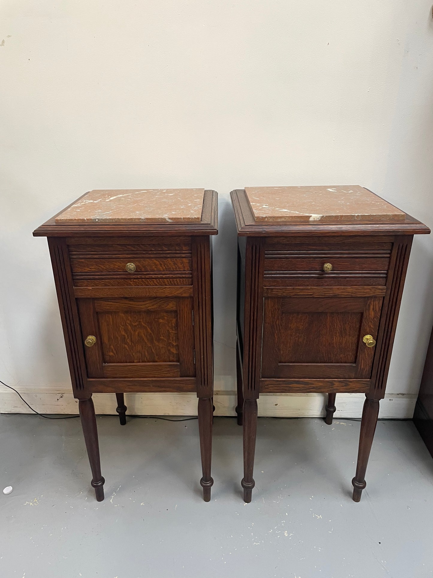 Pair of French Oak Inset Marble Top Bedsides