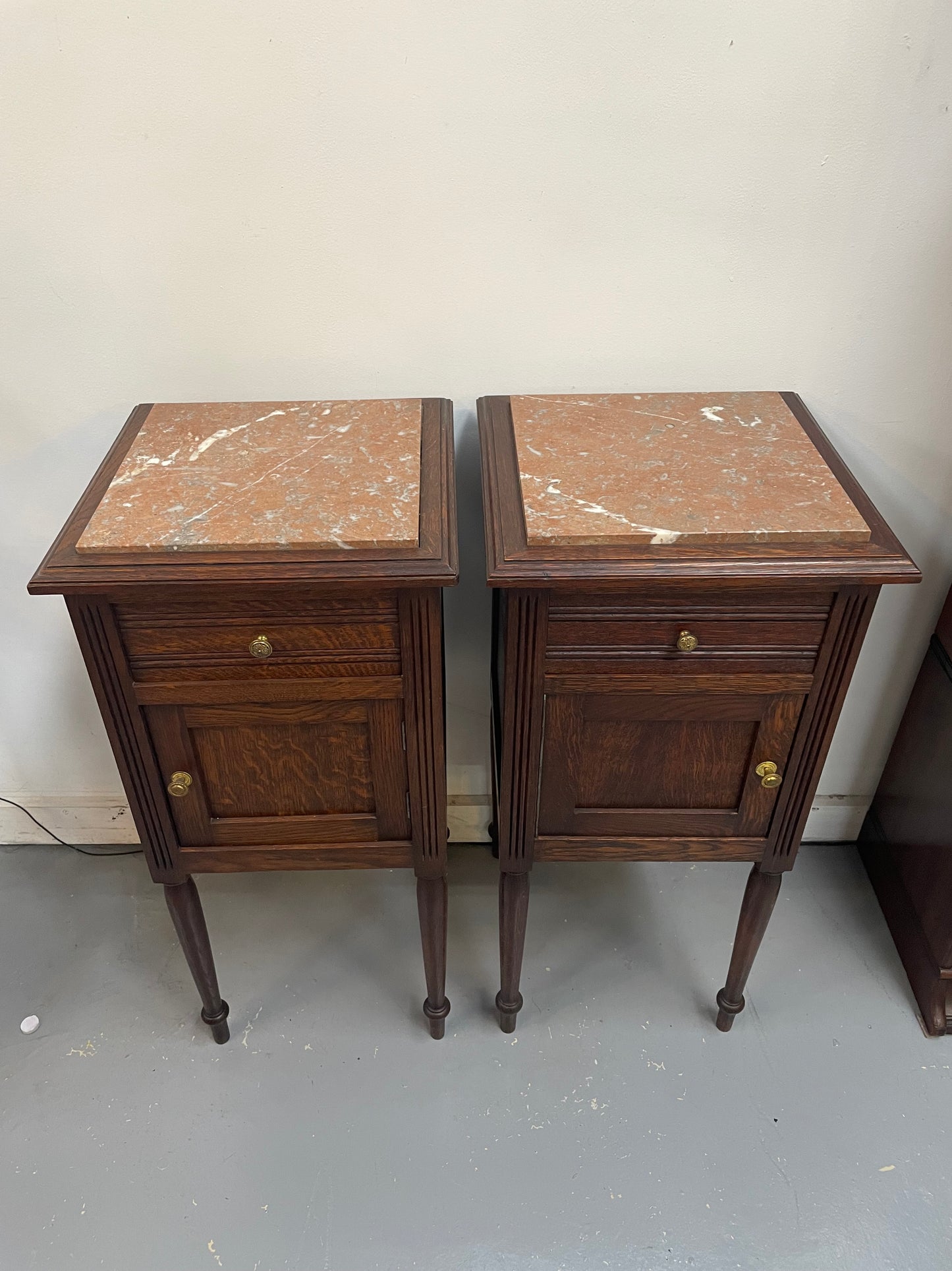 Pair of French Oak Inset Marble Top Bedsides