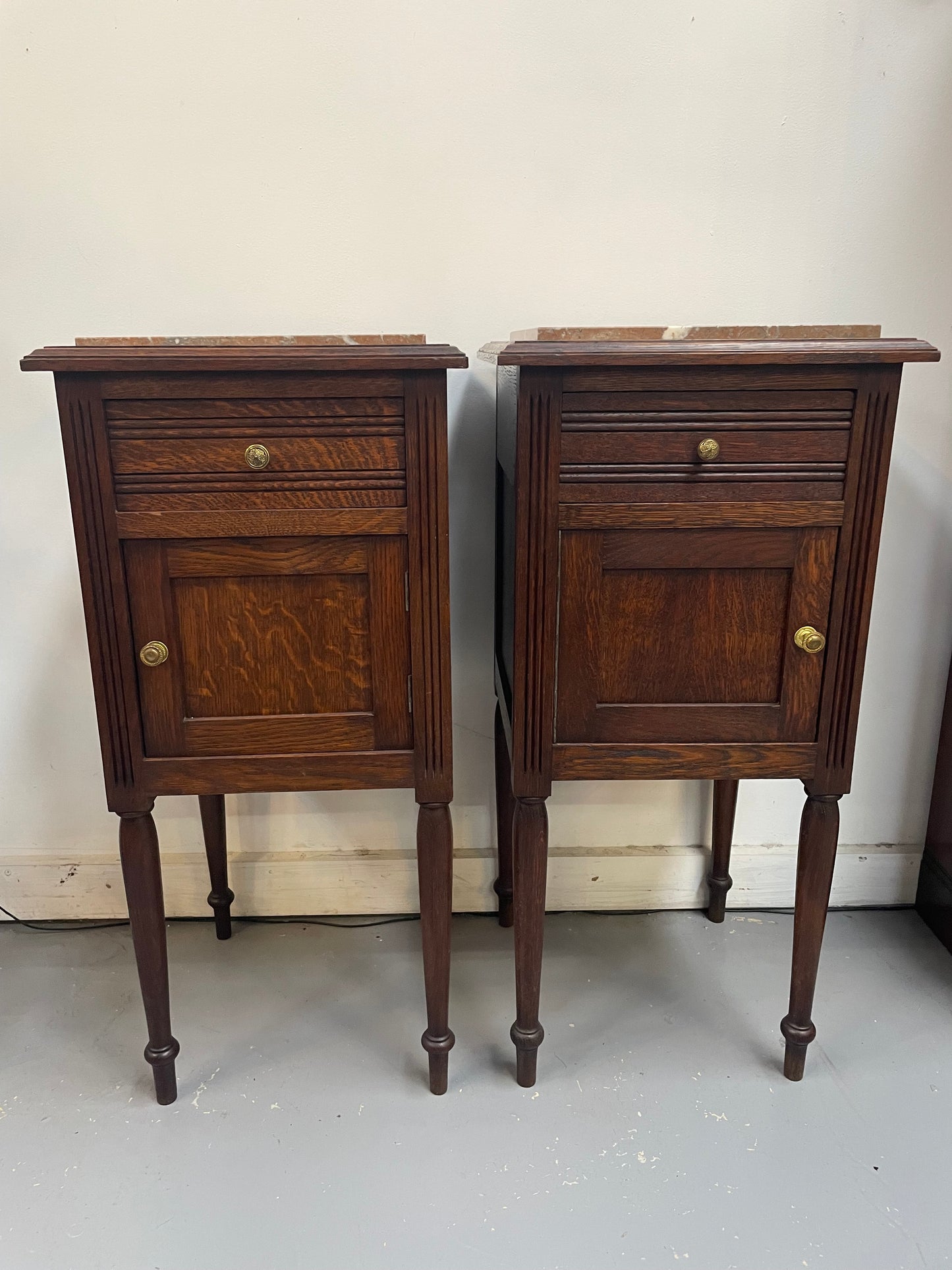 Pair of French Oak Inset Marble Top Bedsides