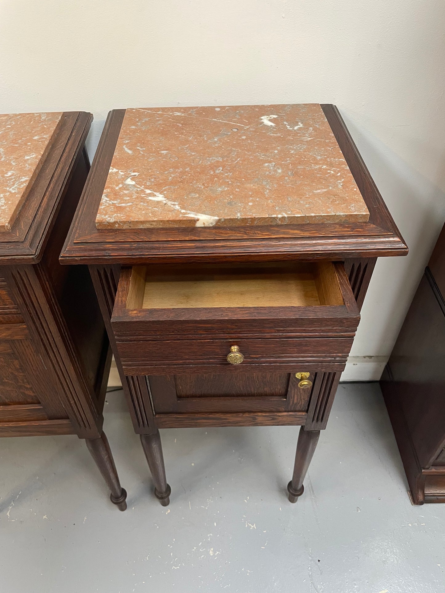 Pair of French Oak Inset Marble Top Bedsides