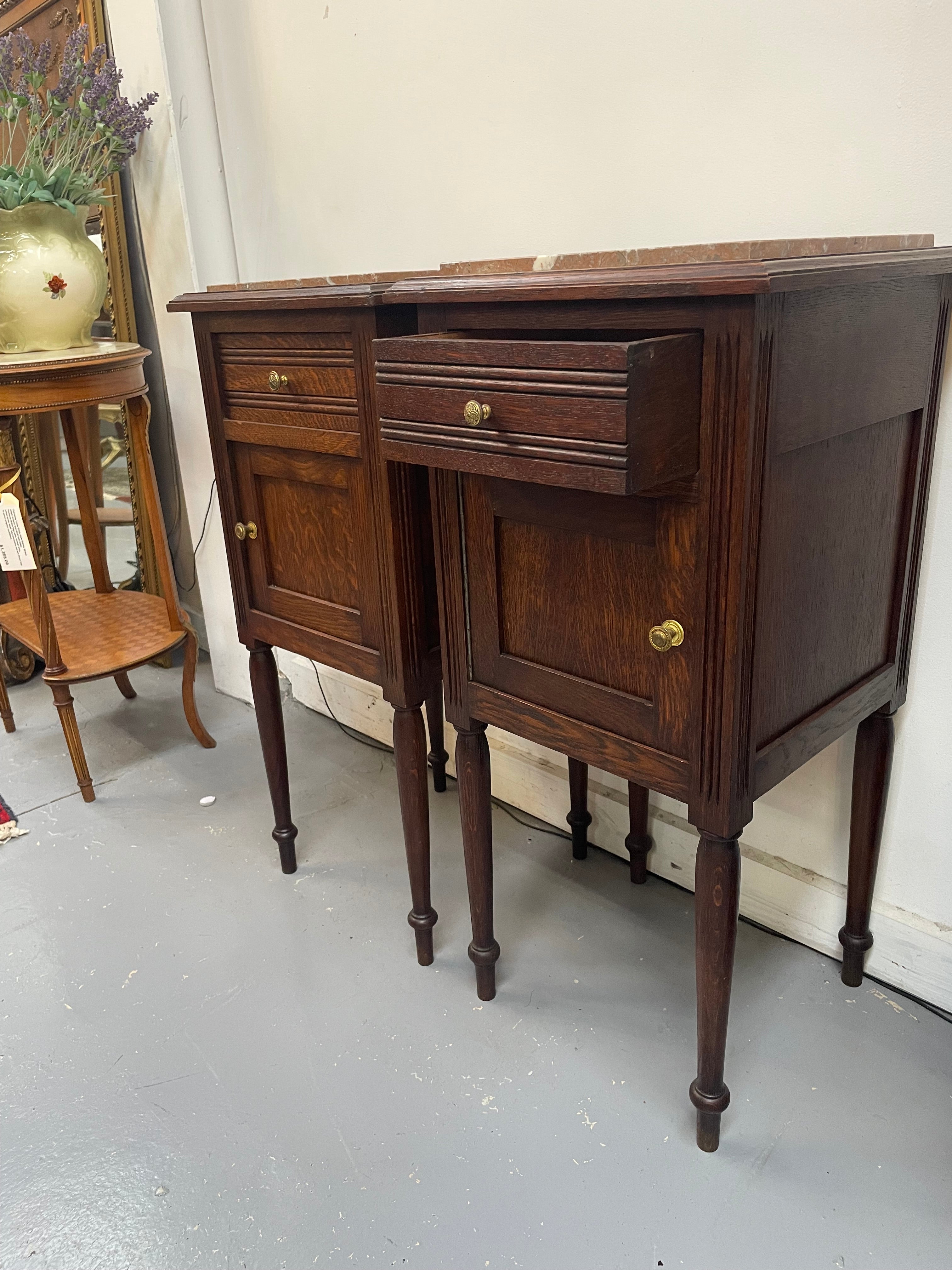 Pair of French Oak Inset Marble Top Bedsides | Antique & Vintage | Moonee Ponds Antiques | Australia Wide Delivery