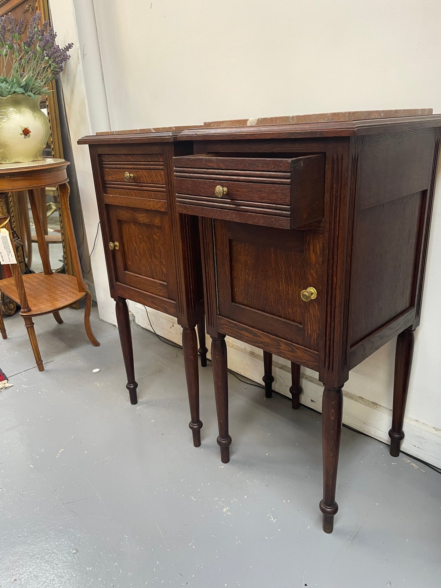 Pair of French Oak Inset Marble Top Bedsides