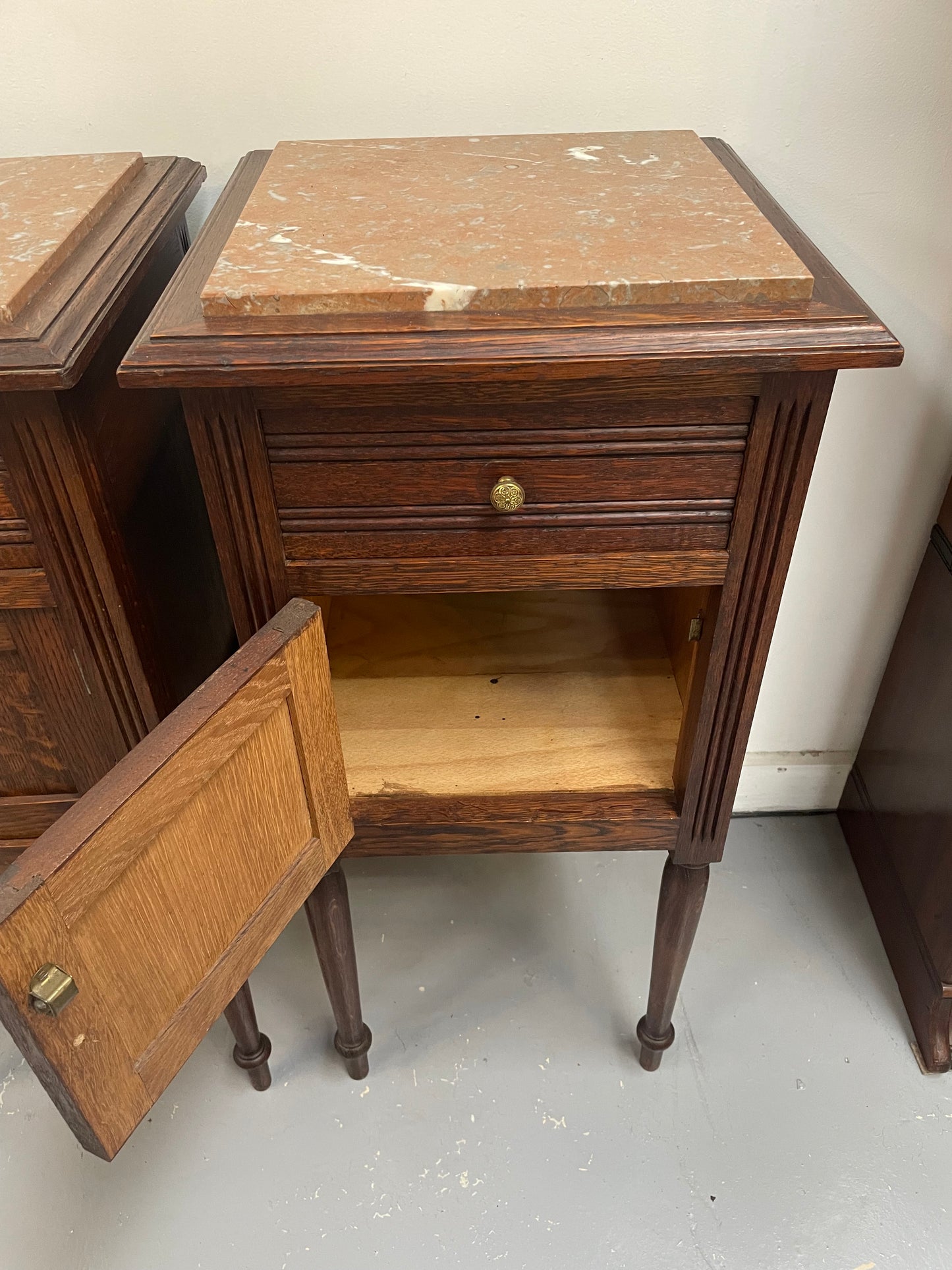 Pair of French Oak Inset Marble Top Bedsides