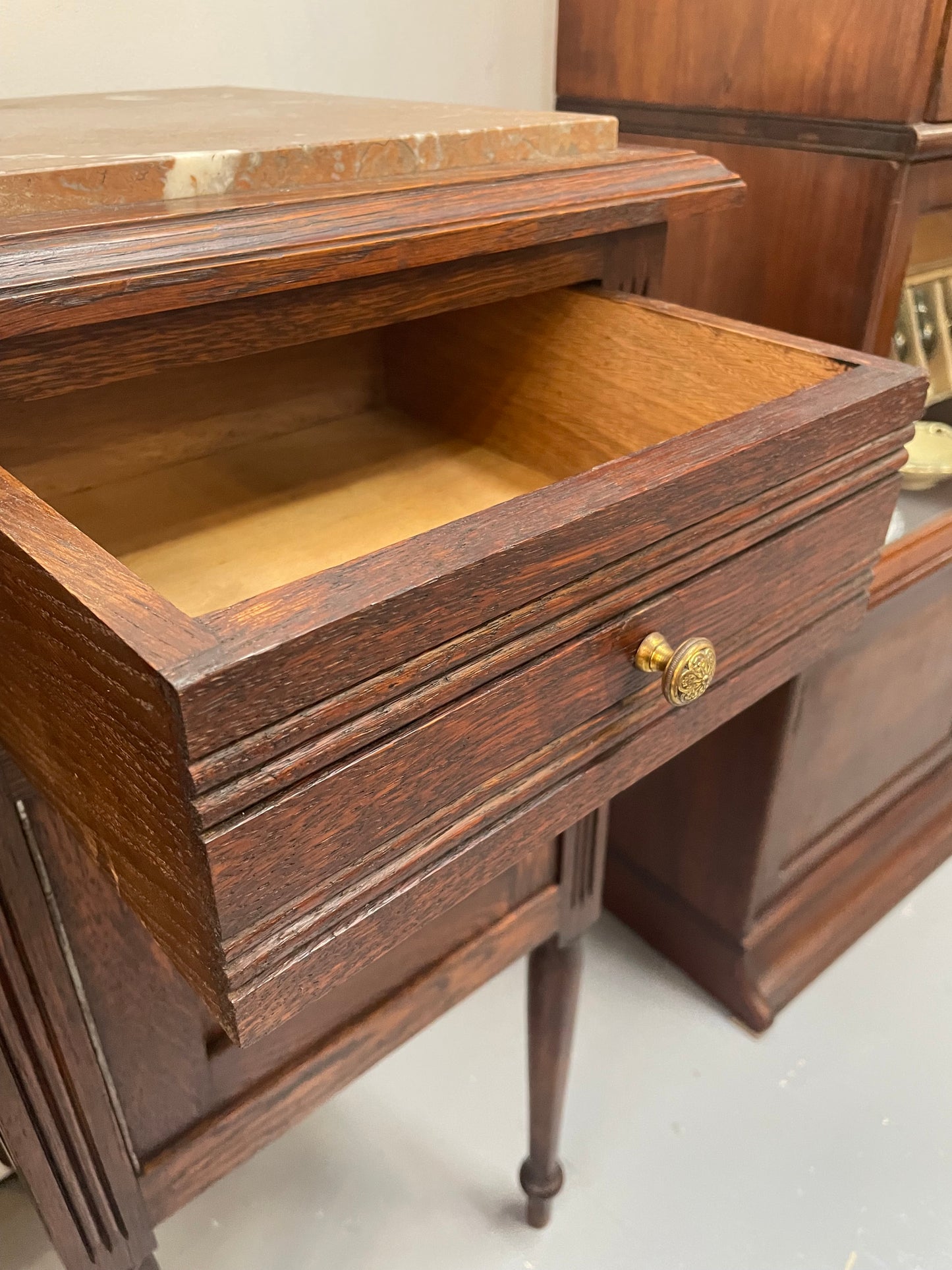 Pair of French Oak Inset Marble Top Bedsides