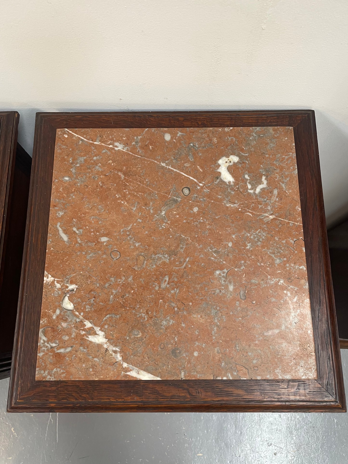 Pair of French Oak Inset Marble Top Bedsides