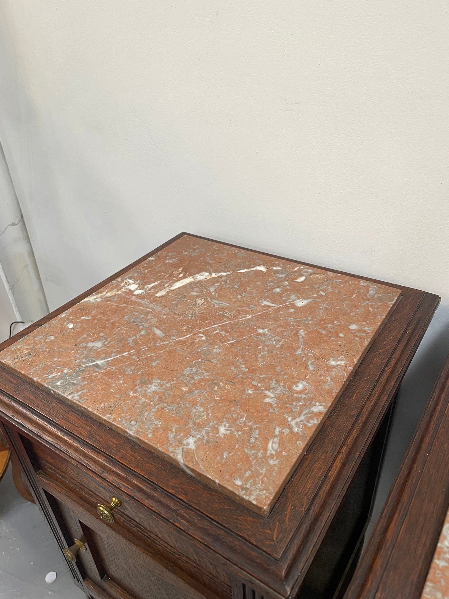 Pair of French Oak Inset Marble Top Bedsides