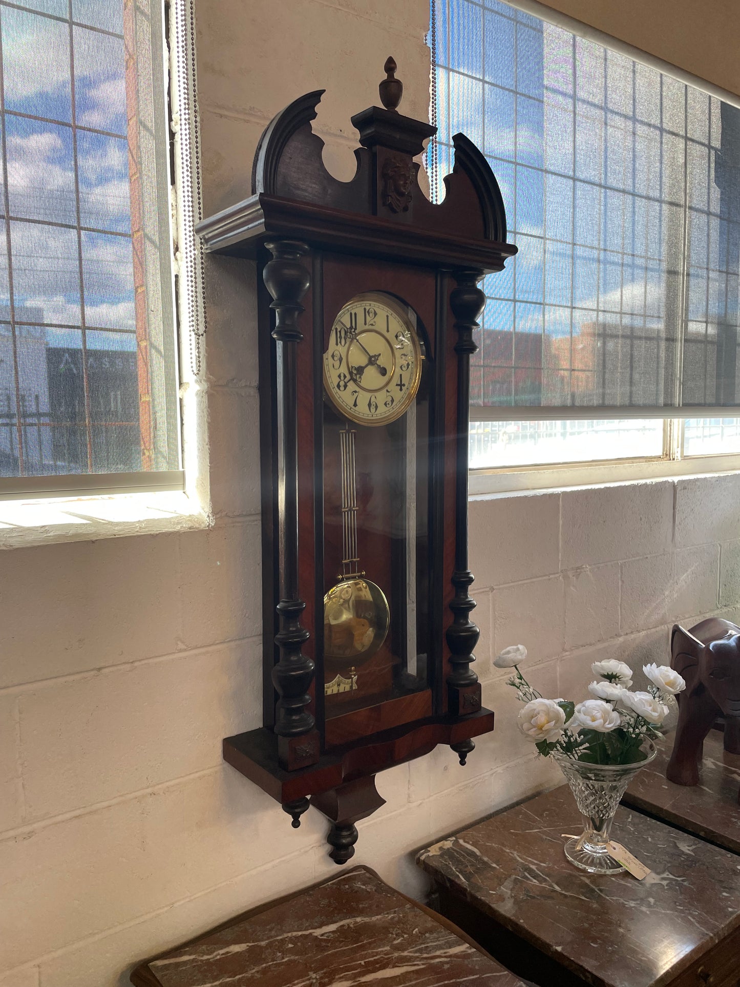 Antique Victorian Carved Walnut Wall Clock