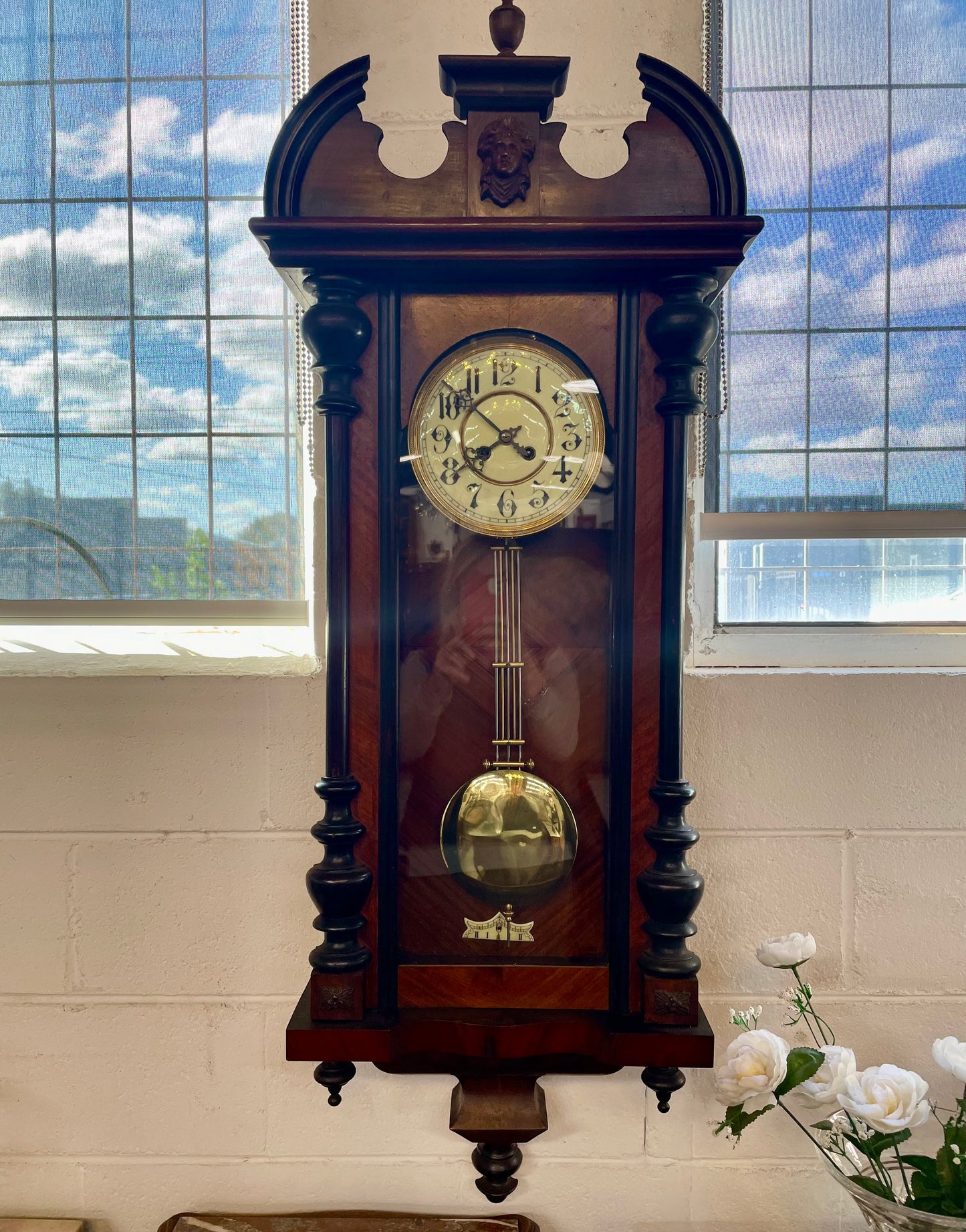 Antique Victorian Carved Walnut Wall Clock