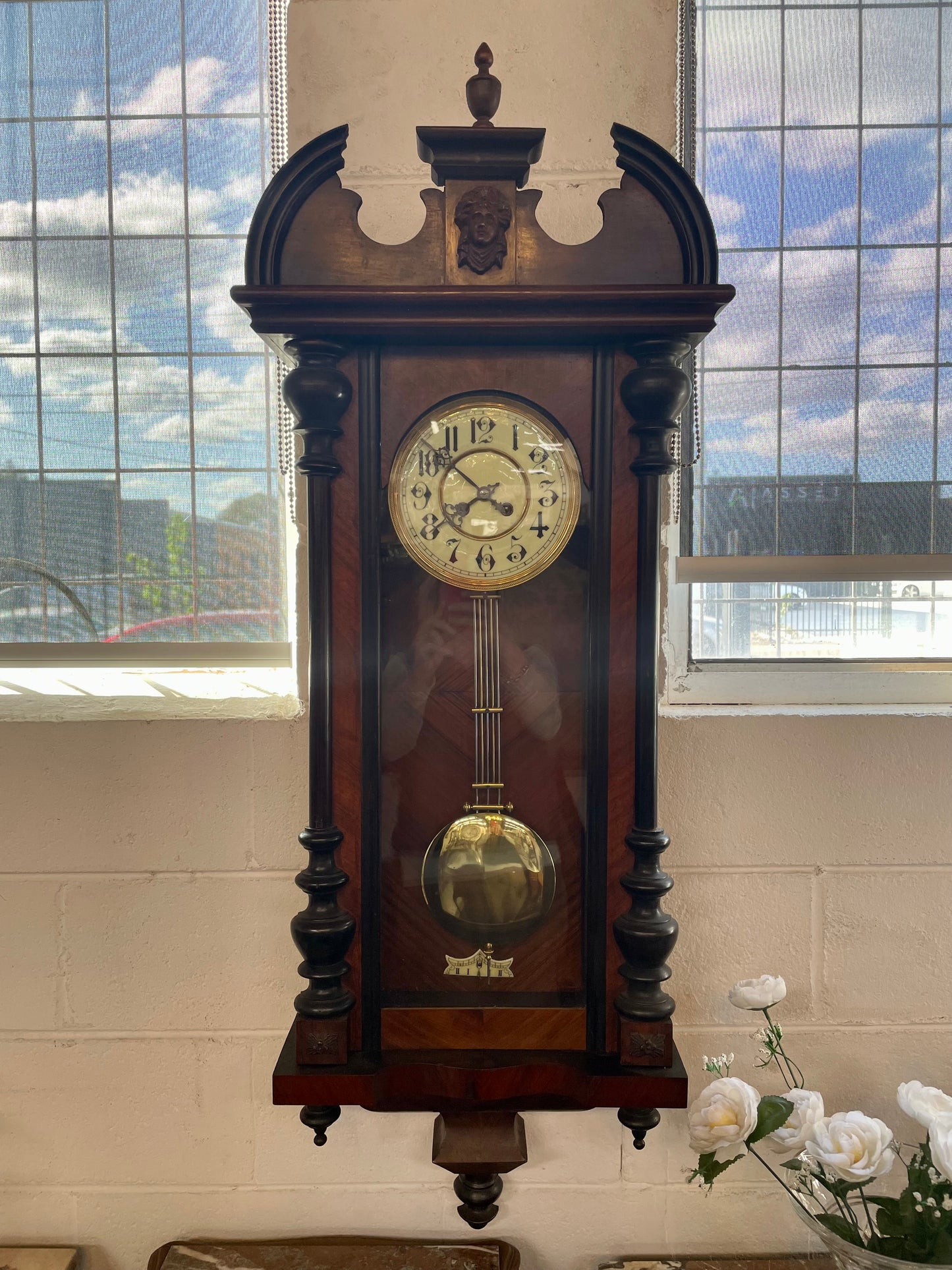 Antique Victorian Carved Walnut Wall Clock