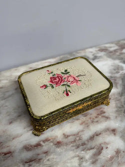 Pretty Gold Tone Embossed Metal Jewellery Box With Petit Point Top | Antique & Vintage | Moonee Ponds Antiques | Australia Wide Delivery