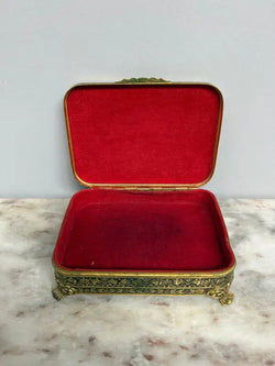 Pretty Gold Tone Embossed Metal Jewellery Box With Petit Point Top | Antique & Vintage | Moonee Ponds Antiques | Australia Wide Delivery