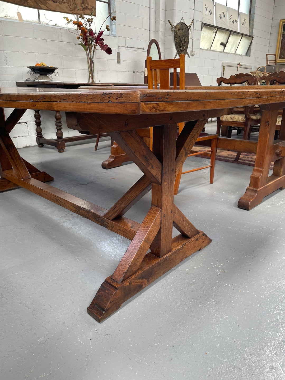 French Fruitwood Top & Oak Base Refectory Dining Table