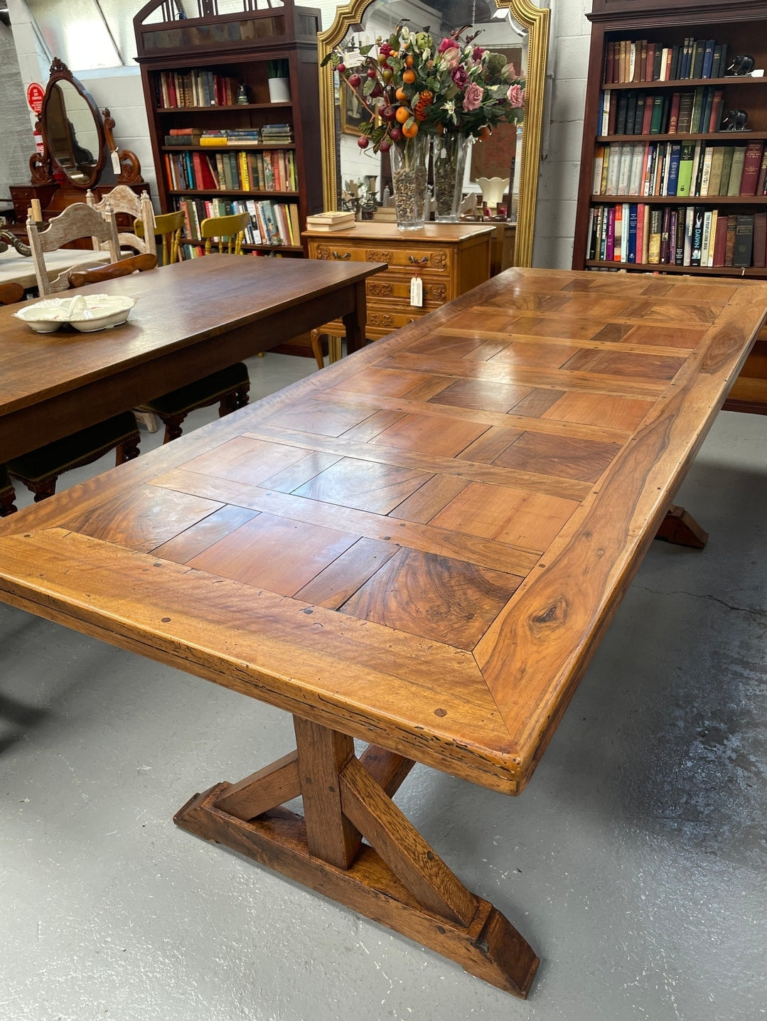 French Fruitwood Top & Oak Base Refectory Dining Table