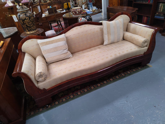 Stunning English Mahogany Empire Sofa, Scrolled Arms & Bolster Cushions