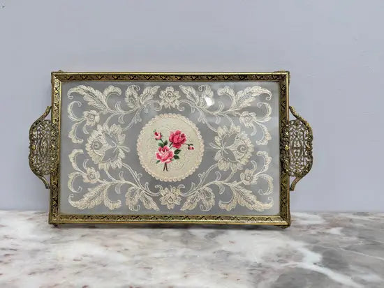 Vintage Gold Tone Filigree Embossed Metal Tray With Petit Point | Antique & Vintage | Moonee Ponds Antiques | Australia Wide Delivery