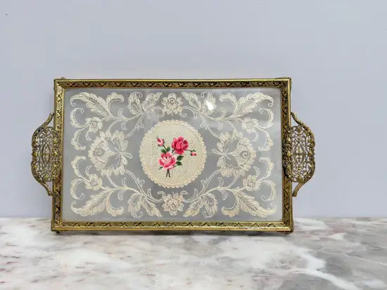 Vintage Gold Tone Filigree Embossed Metal Tray With Petit Point | Antique & Vintage | Moonee Ponds Antiques | Australia Wide Delivery
