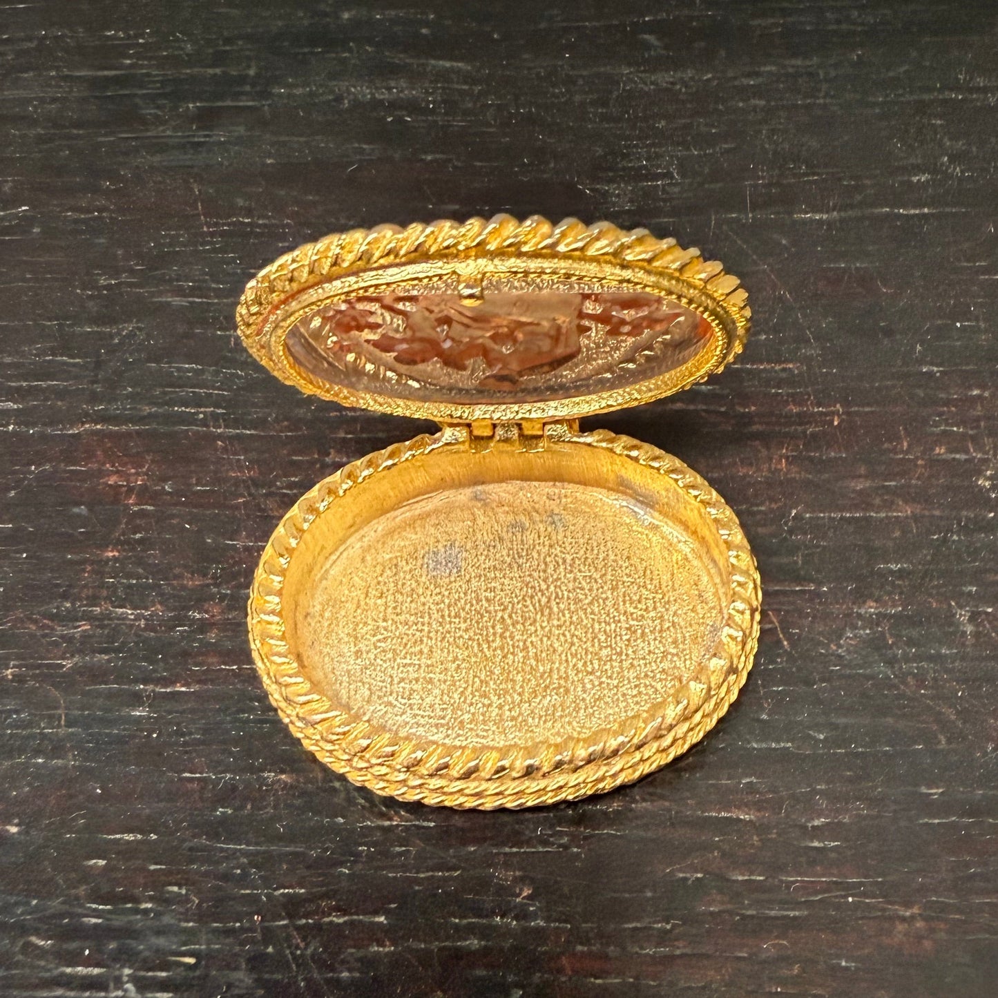 Vintage Italian Gilt Metal & Glass Intaglio Top Pill Box