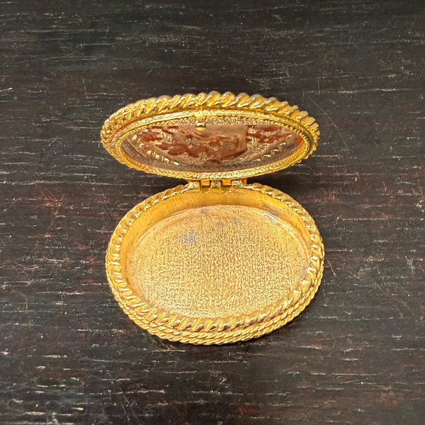 Vintage Italian Gilt Metal & Glass Intaglio Top Pill Box